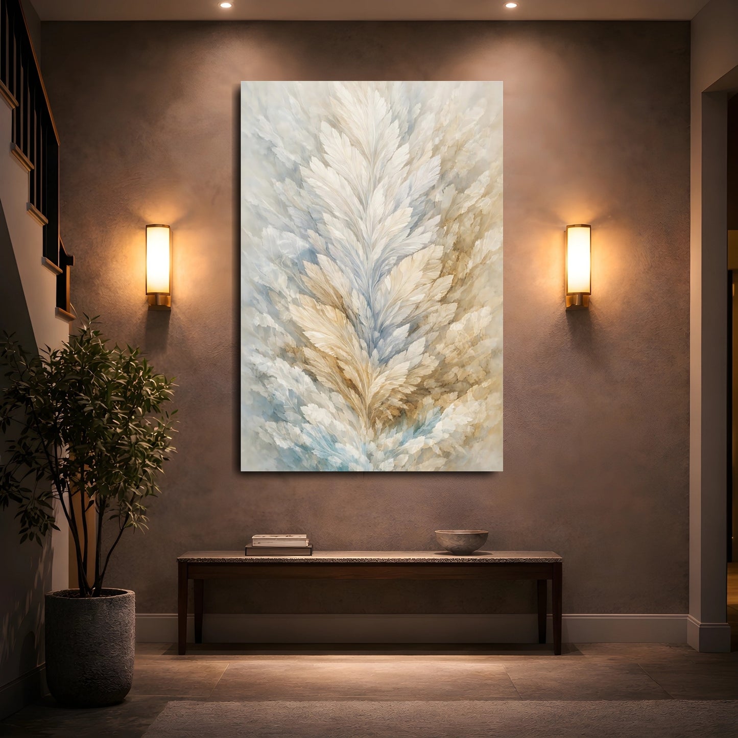 Nature Feathers Beige Blue Abstract shown as front canvas room wall art