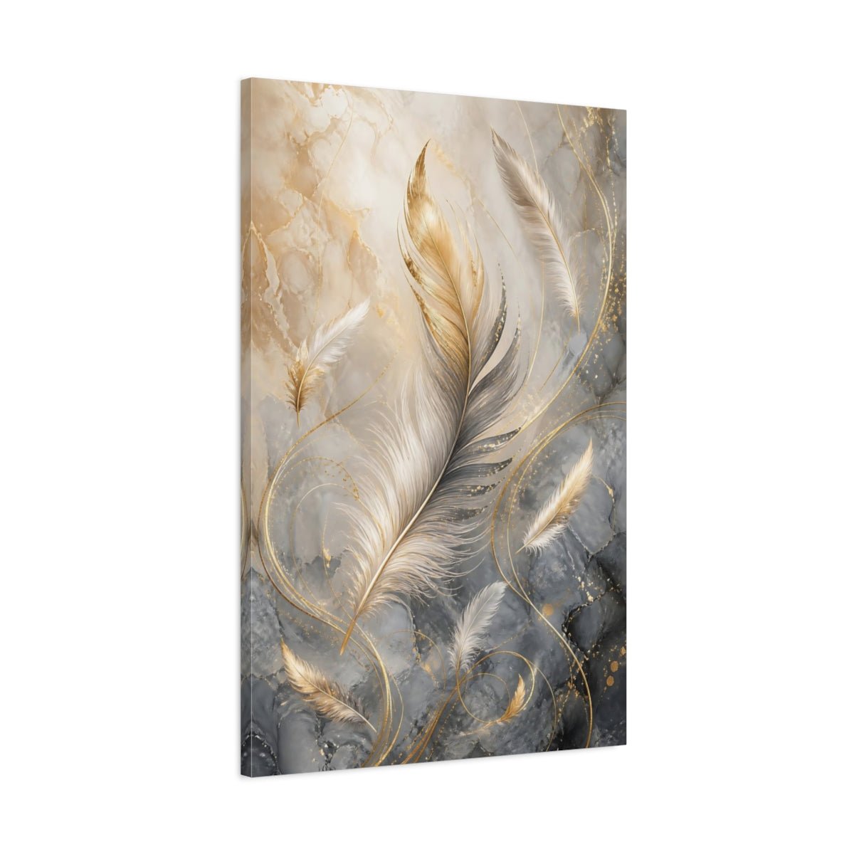 Nature Feathers Gold Grey Canvas Wall Art Print – Living Room Decor, Above Sofa - YesArtYes
