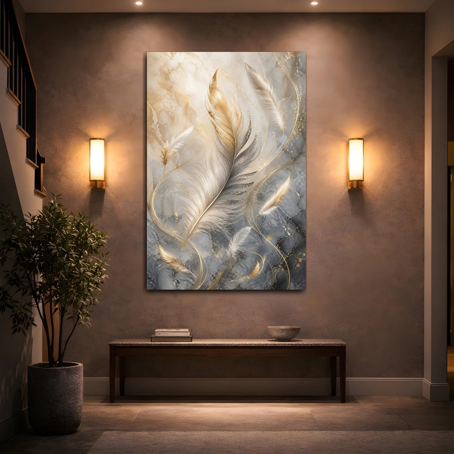 Nature Feathers Gold Grey Canvas Wall Art Print – Living Room Decor, Above Sofa - YesArtYes