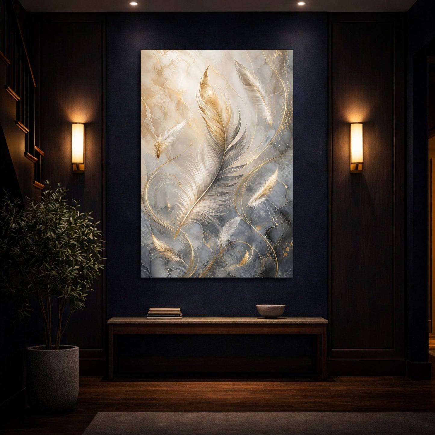 Nature Feathers Gold Grey Canvas Wall Art Print – Living Room Decor, Above Sofa - YesArtYes