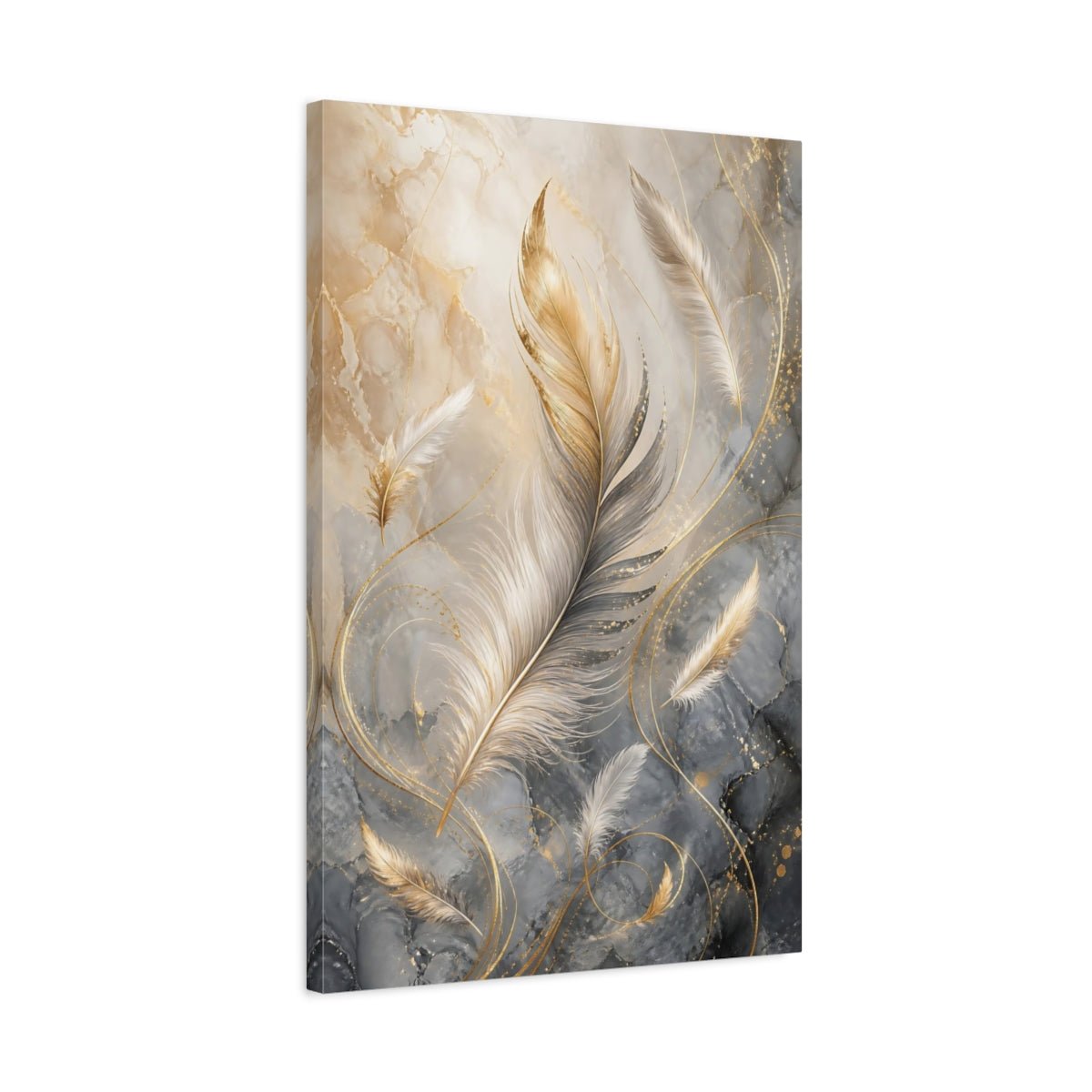 Nature Feathers Gold Grey Canvas Wall Art Print – Living Room Decor, Above Sofa - YesArtYes