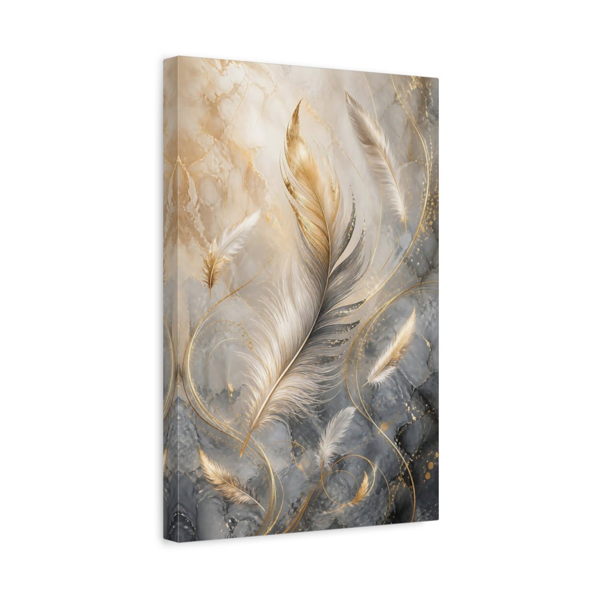 Nature Feathers Gold Grey Canvas Wall Art Print – Living Room Decor, Above Sofa - YesArtYes