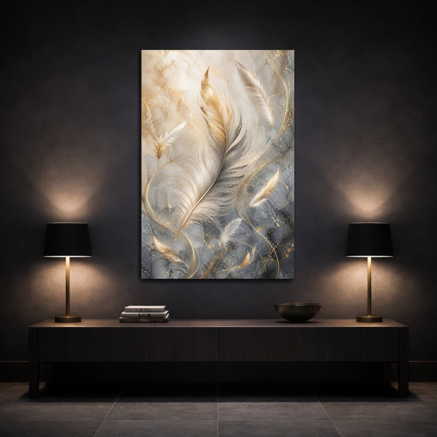 Nature Feathers Gold Grey Canvas Wall Art Print – Living Room Decor, Above Sofa - YesArtYes