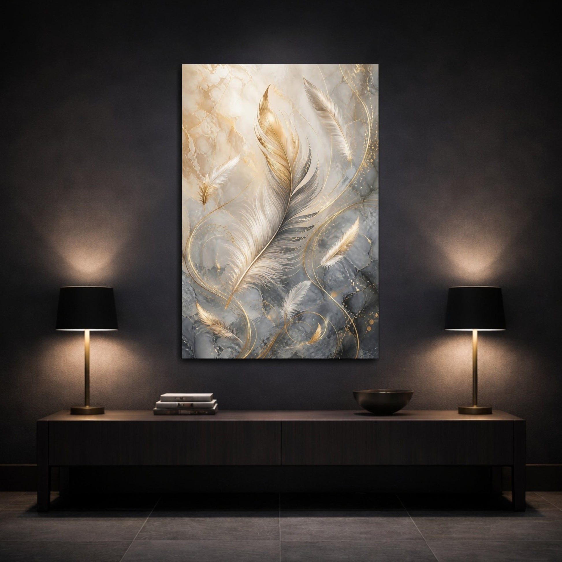 Nature Feathers Gold Grey Canvas Wall Art Print – Living Room Decor, Above Sofa - YesArtYes
