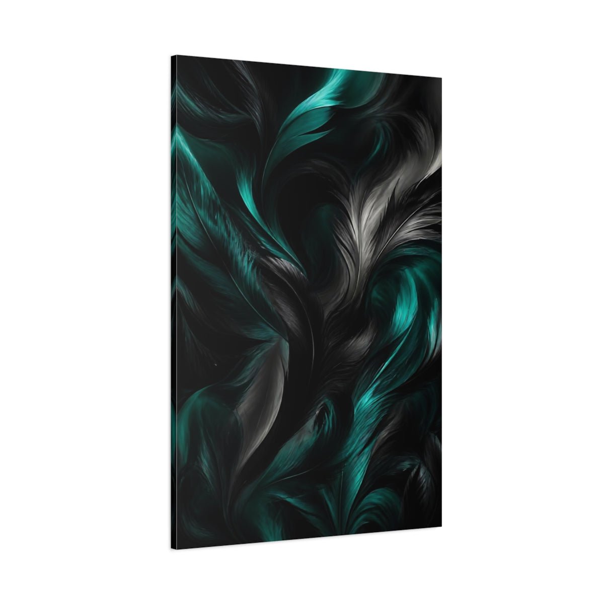 Nature Feathers Teal And Black Canvas Wall Art Print – Abstract Living Room, Above Couch - YesArtYes