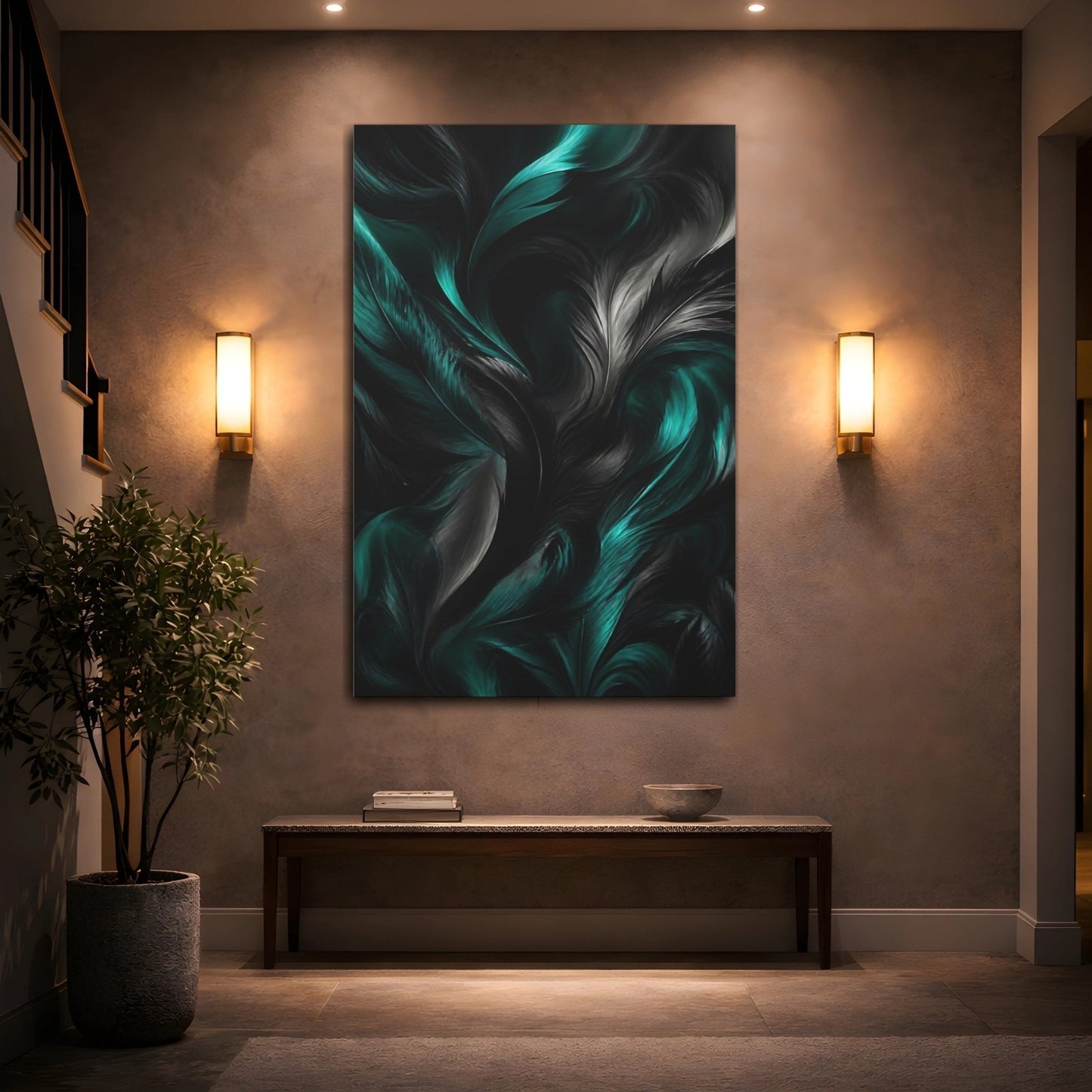 Nature Feathers Teal And Black Canvas Wall Art Print – Abstract Living Room, Above Couch - YesArtYes