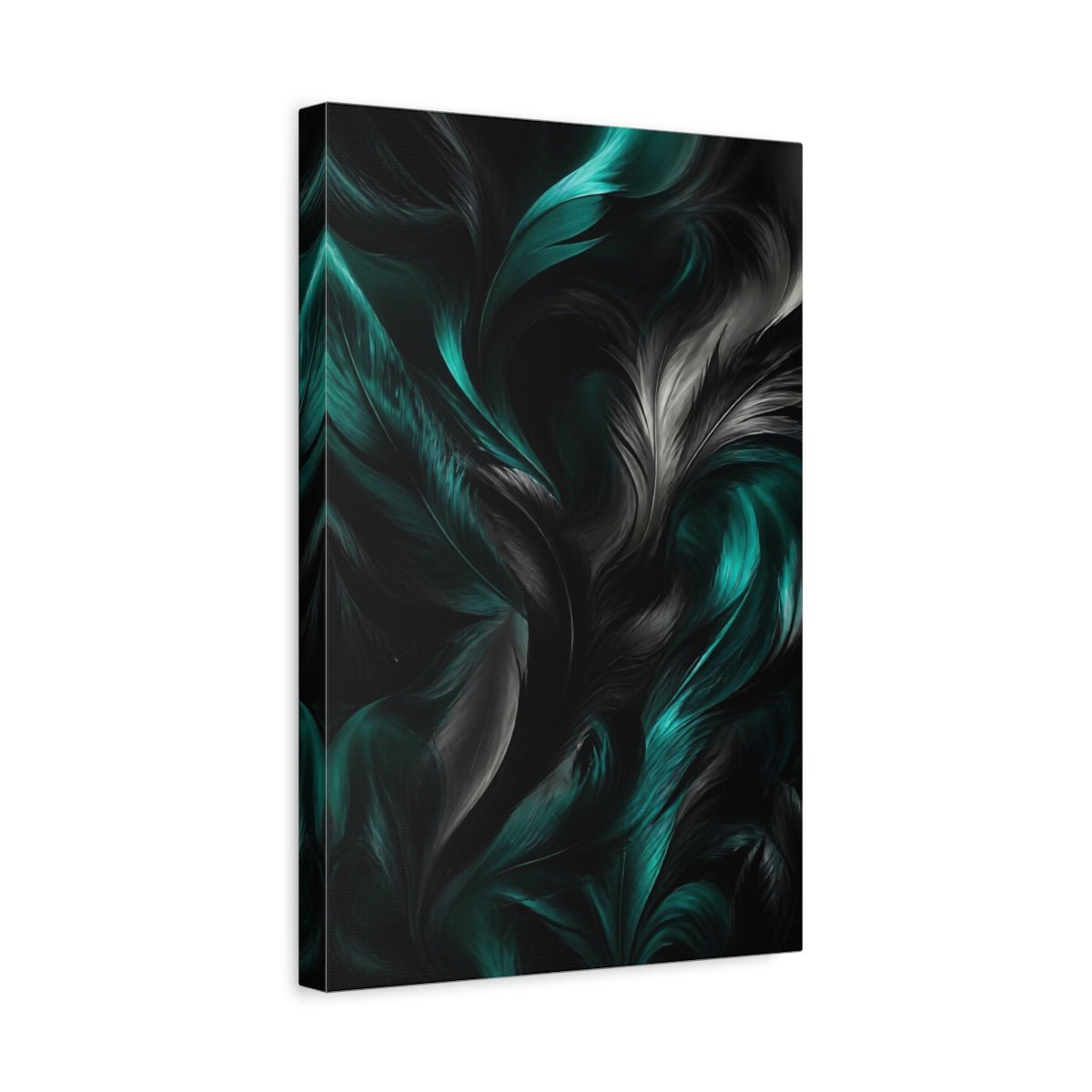 Nature Feathers Teal And Black Canvas Wall Art Print – Abstract Living Room, Above Couch - YesArtYes