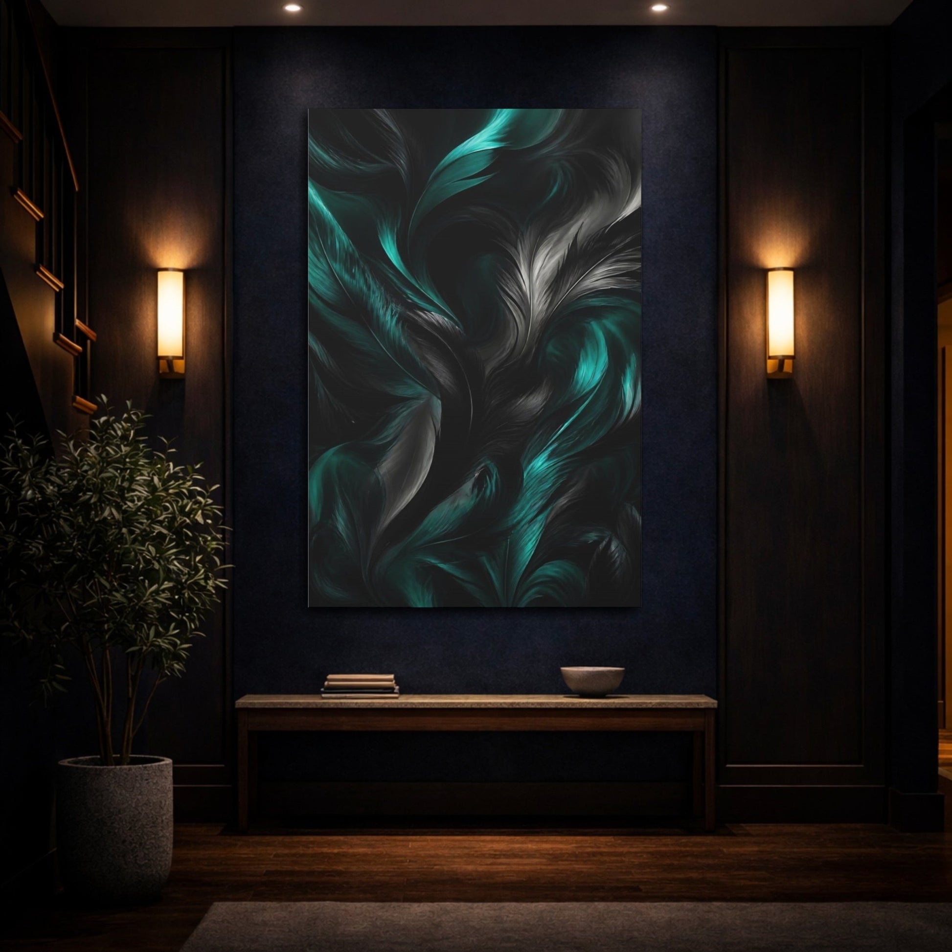 Nature Feathers Teal And Black Canvas Wall Art Print – Abstract Living Room, Above Couch - YesArtYes