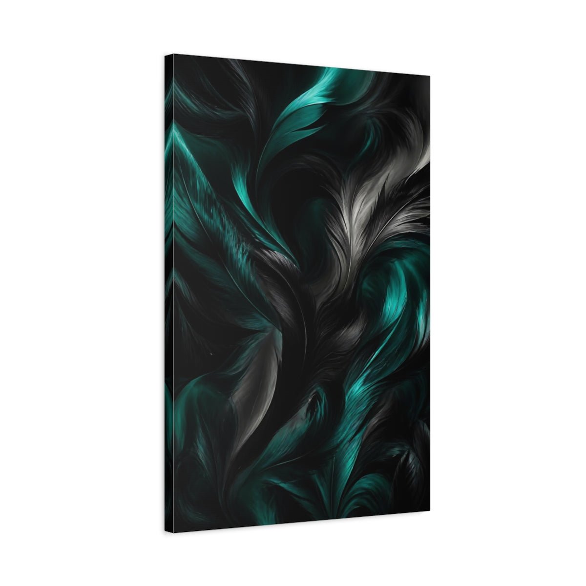 Nature Feathers Teal And Black Canvas Wall Art Print – Abstract Living Room, Above Couch - YesArtYes