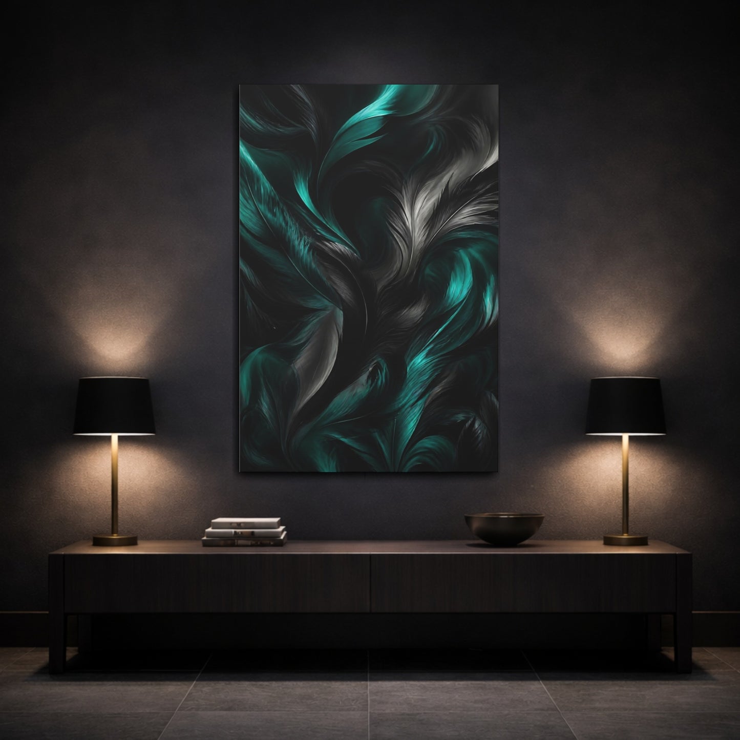 Mockup 3. Nature Feathers Teal And Black shown as stretched canvas wall art