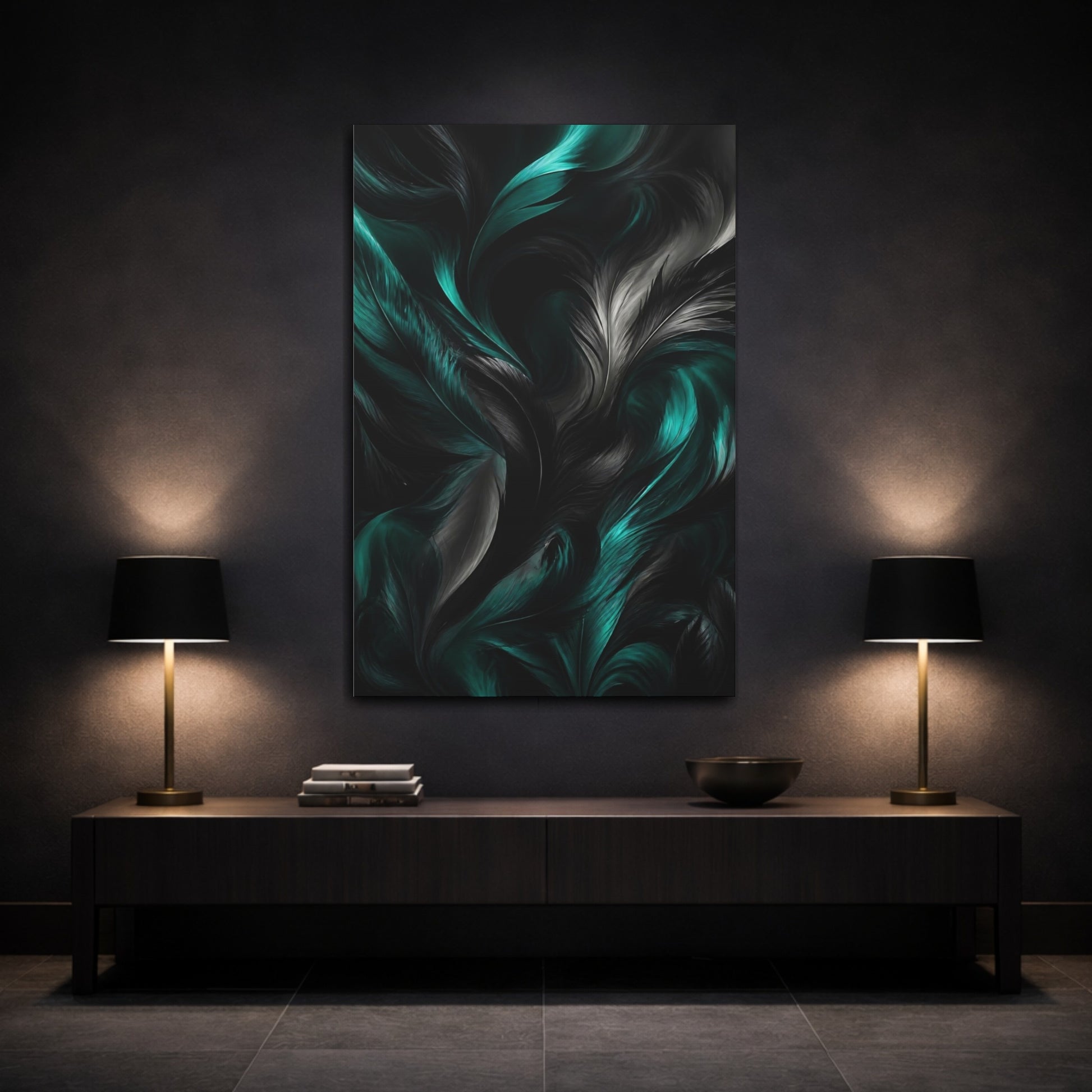 Mockup 3. Nature Feathers Teal And Black shown as stretched canvas wall art
