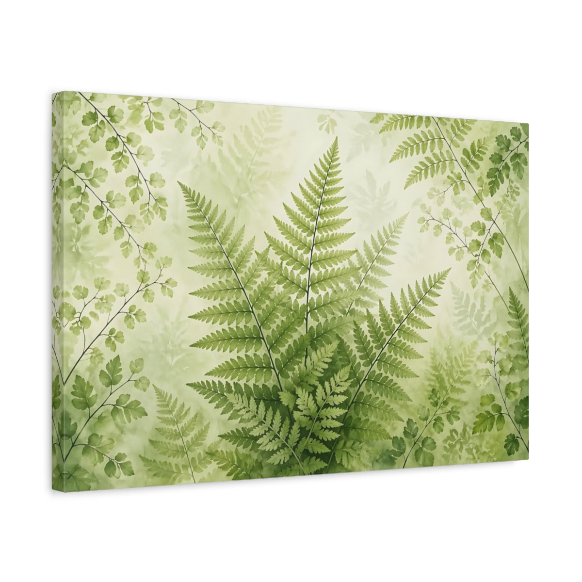 Side Mockup 3. Nature Fern Green Ferns shown as stretched canvas wall art