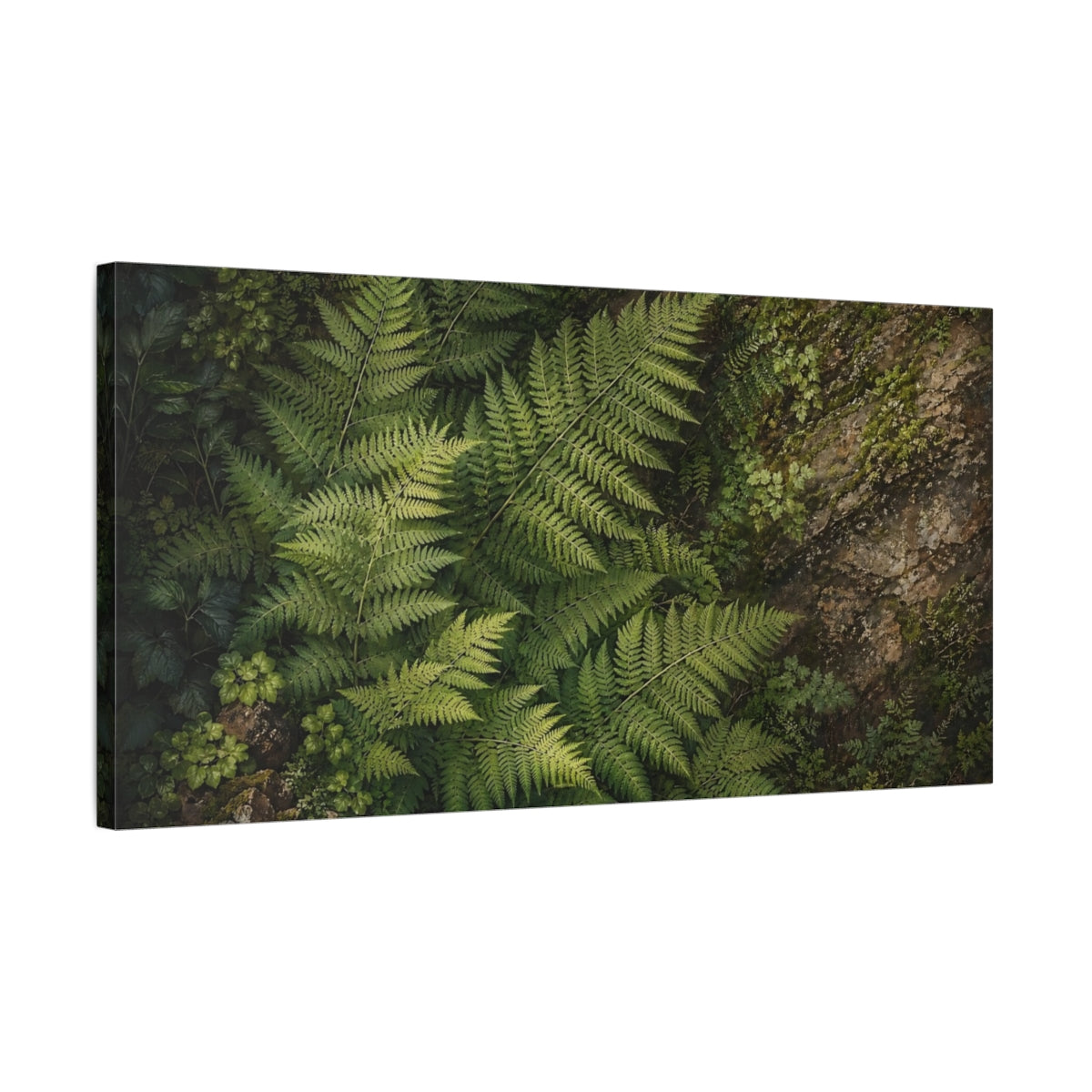 Side Mockup 1. Nature Ferns Green Ferns shown as stretched canvas wall art