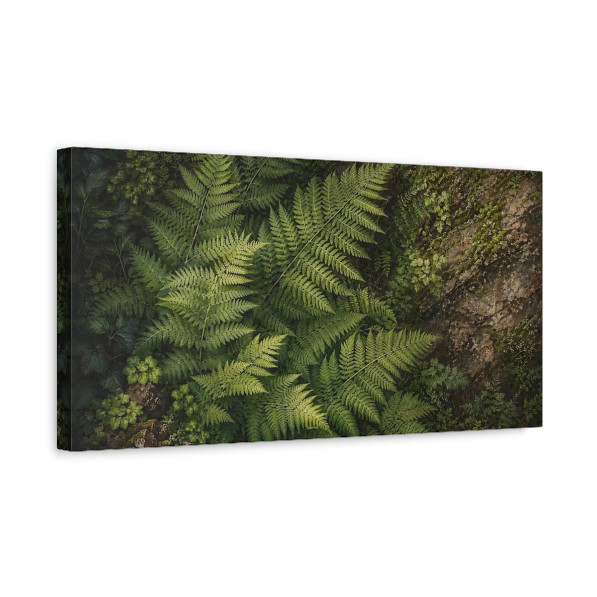 Side Mockup 3. Nature Ferns Green Ferns shown as stretched canvas wall art