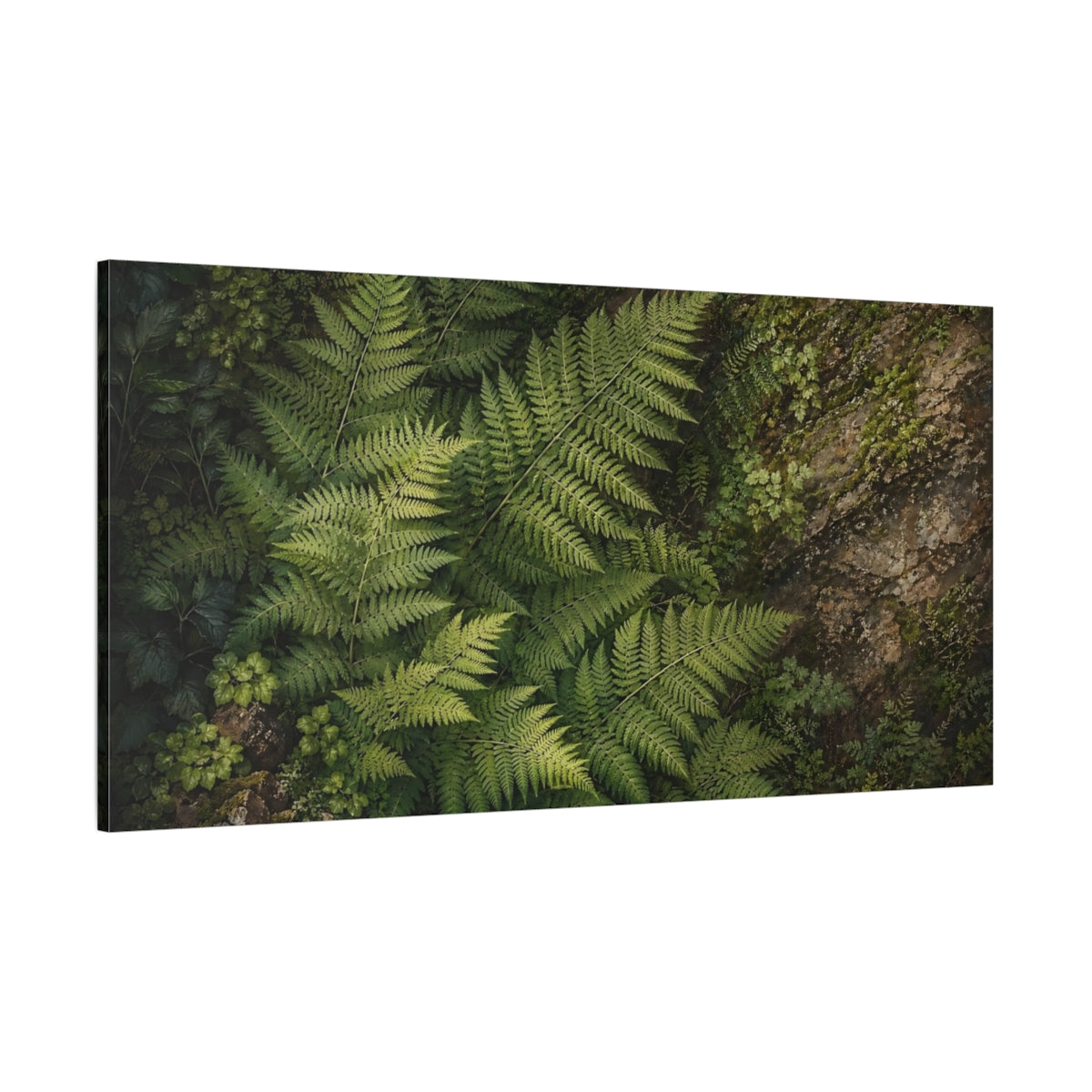 Side Mockup 2. Nature Ferns Green Ferns shown as stretched canvas wall art