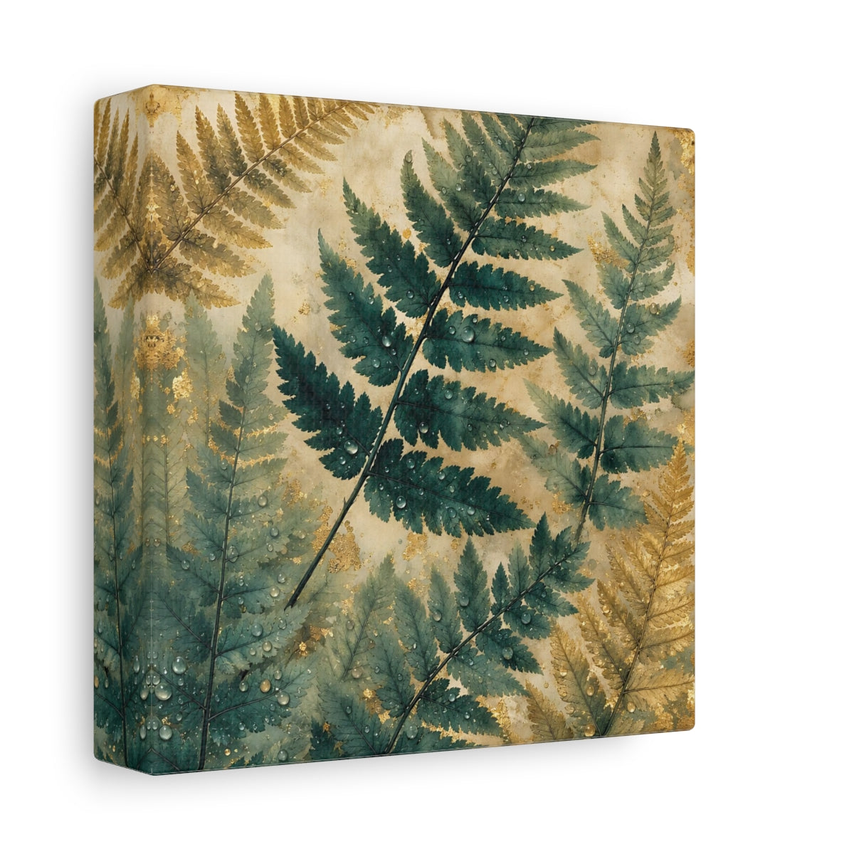 Side Mockup 2. Nature Ferns Green Gold Fern shown as stretched canvas wall art