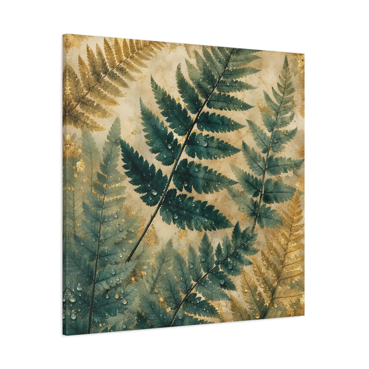 Side Mockup 1. Nature Ferns Green Gold Fern shown as stretched canvas wall art