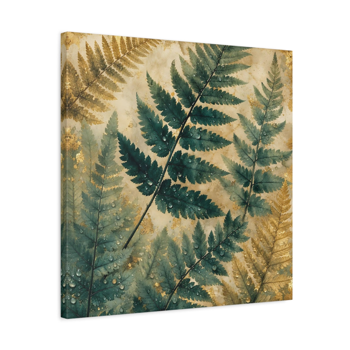 Side Mockup 4. Nature Ferns Green Gold Fern shown as stretched canvas wall art