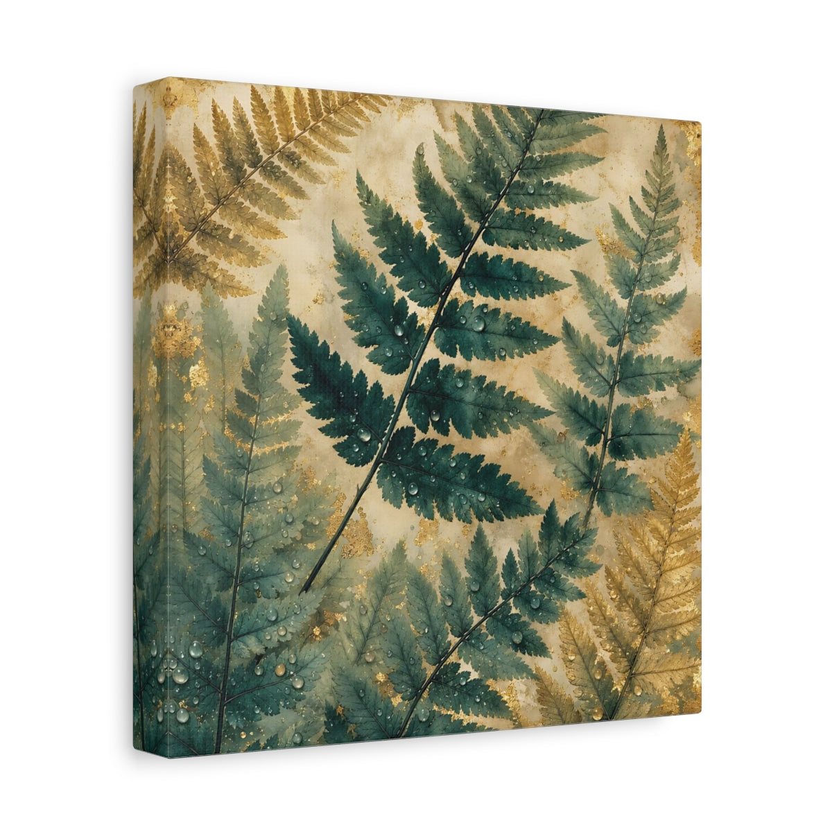 Side Mockup 9. Nature Ferns Green Gold Fern shown as stretched canvas wall art