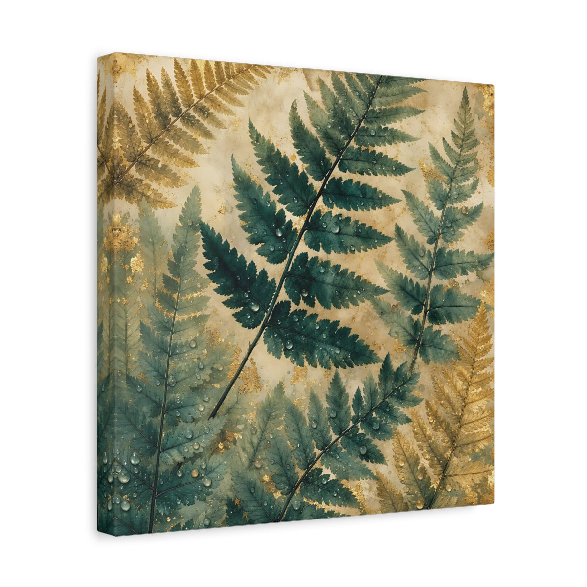 Side Mockup 7. Nature Ferns Green Gold Fern shown as stretched canvas wall art