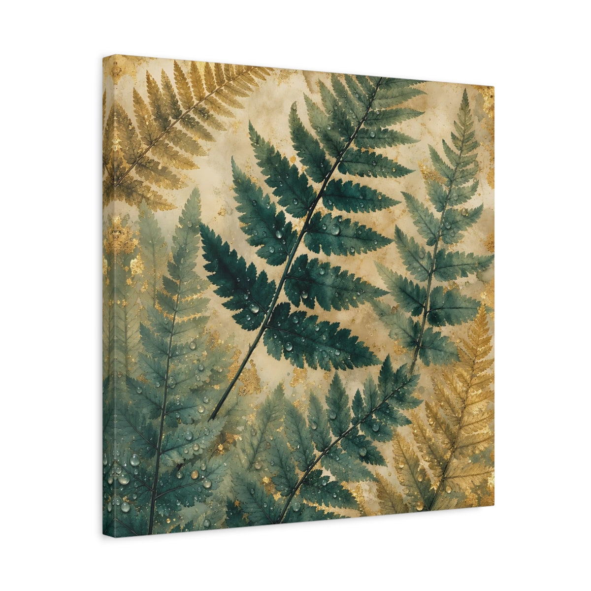 Side Mockup 5. Nature Ferns Green Gold Fern shown as stretched canvas wall art