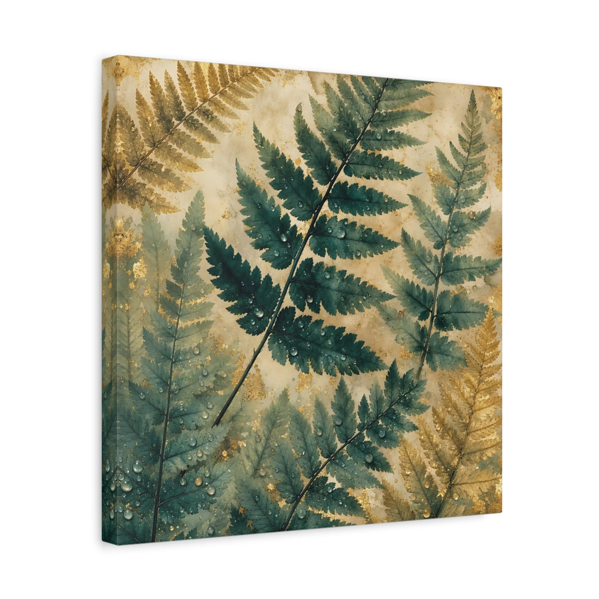 Side Mockup 6. Nature Ferns Green Gold Fern shown as stretched canvas wall art