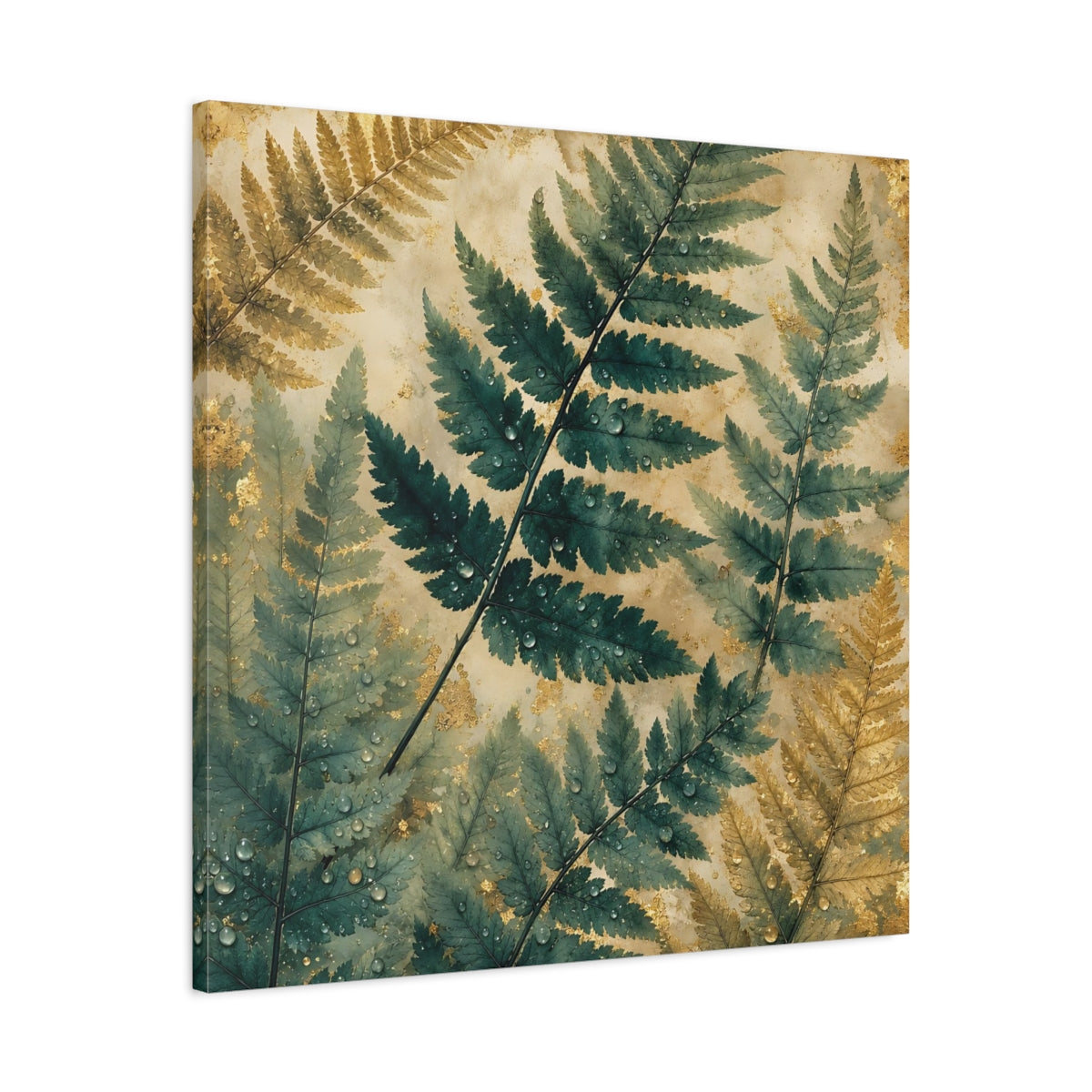 Side Mockup 3. Nature Ferns Green Gold Fern shown as stretched canvas wall art