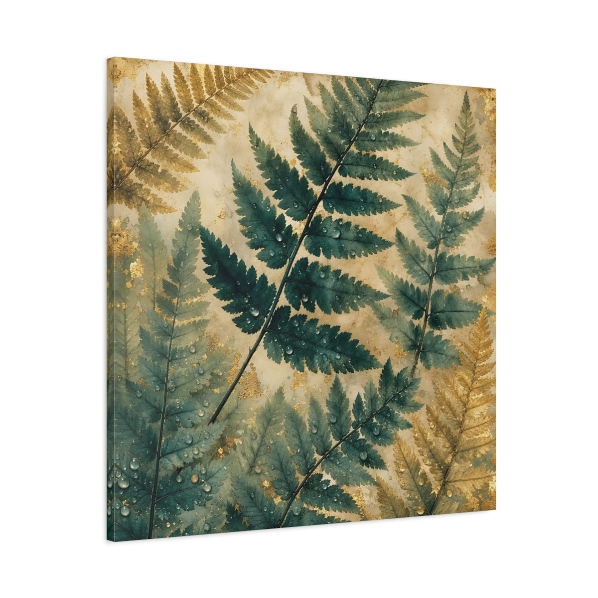 Main Mockup. Nature Ferns Green Gold Fern shown as stretched canvas wall art