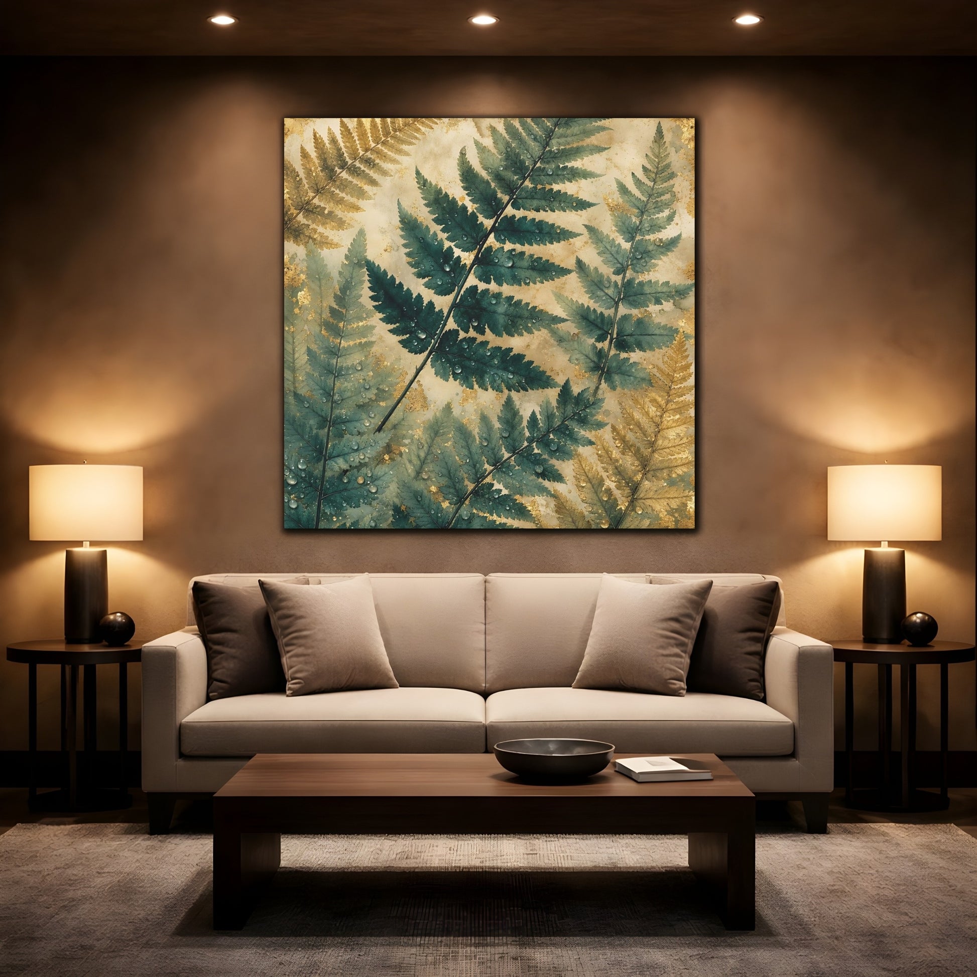 Mockup 2. Nature Ferns Green Gold Fern shown as stretched canvas wall art