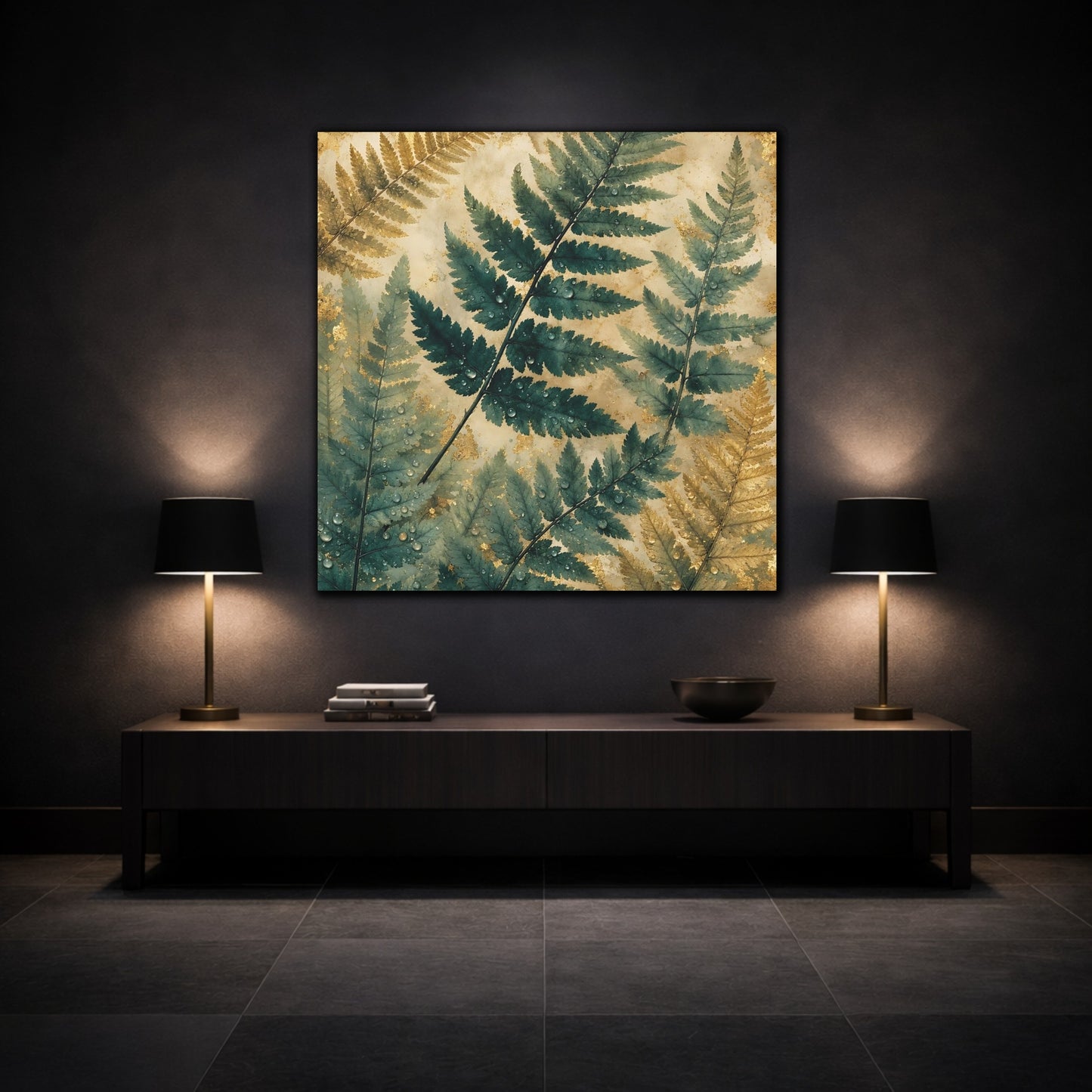 Mockup 3. Nature Ferns Green Gold Fern shown as stretched canvas wall art