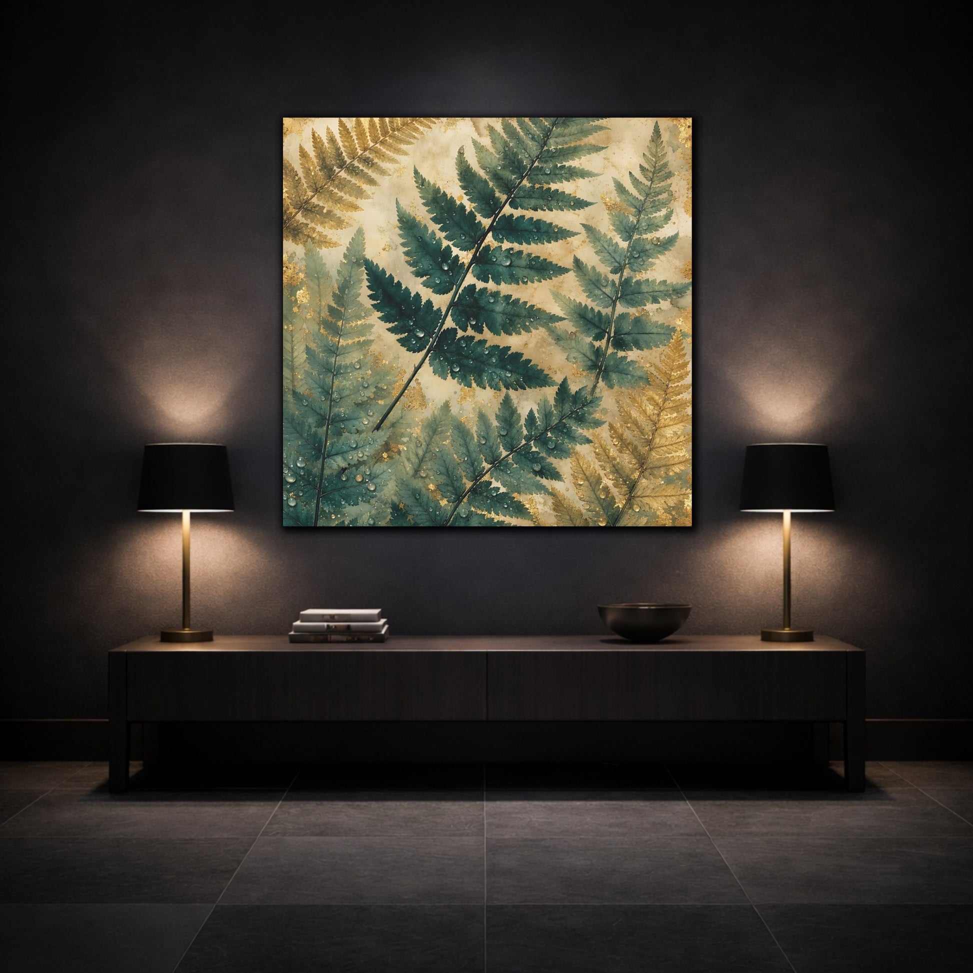 Mockup 3. Nature Ferns Green Gold Fern shown as stretched canvas wall art