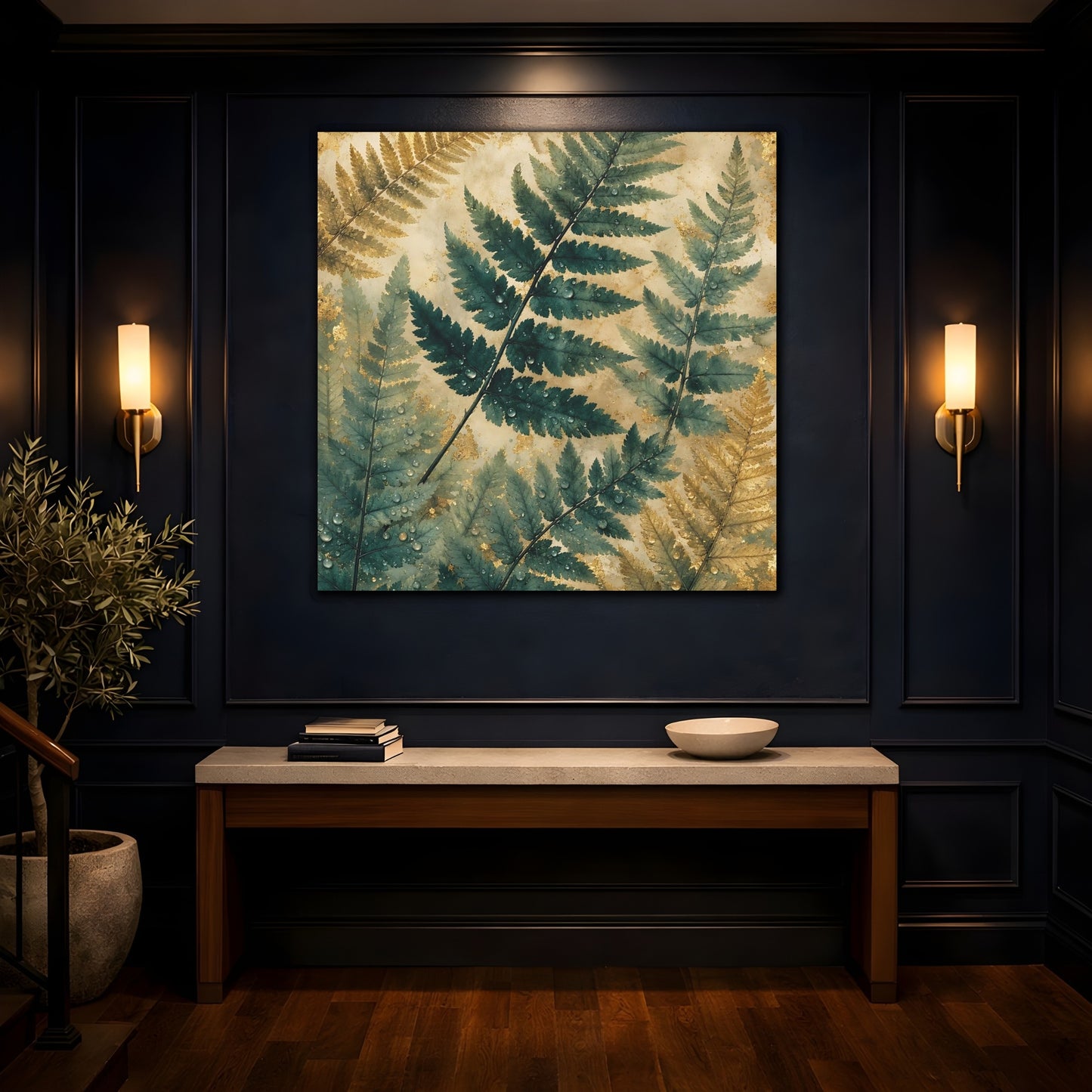 Mockup 4. Nature Ferns Green Gold Fern shown as stretched canvas wall art