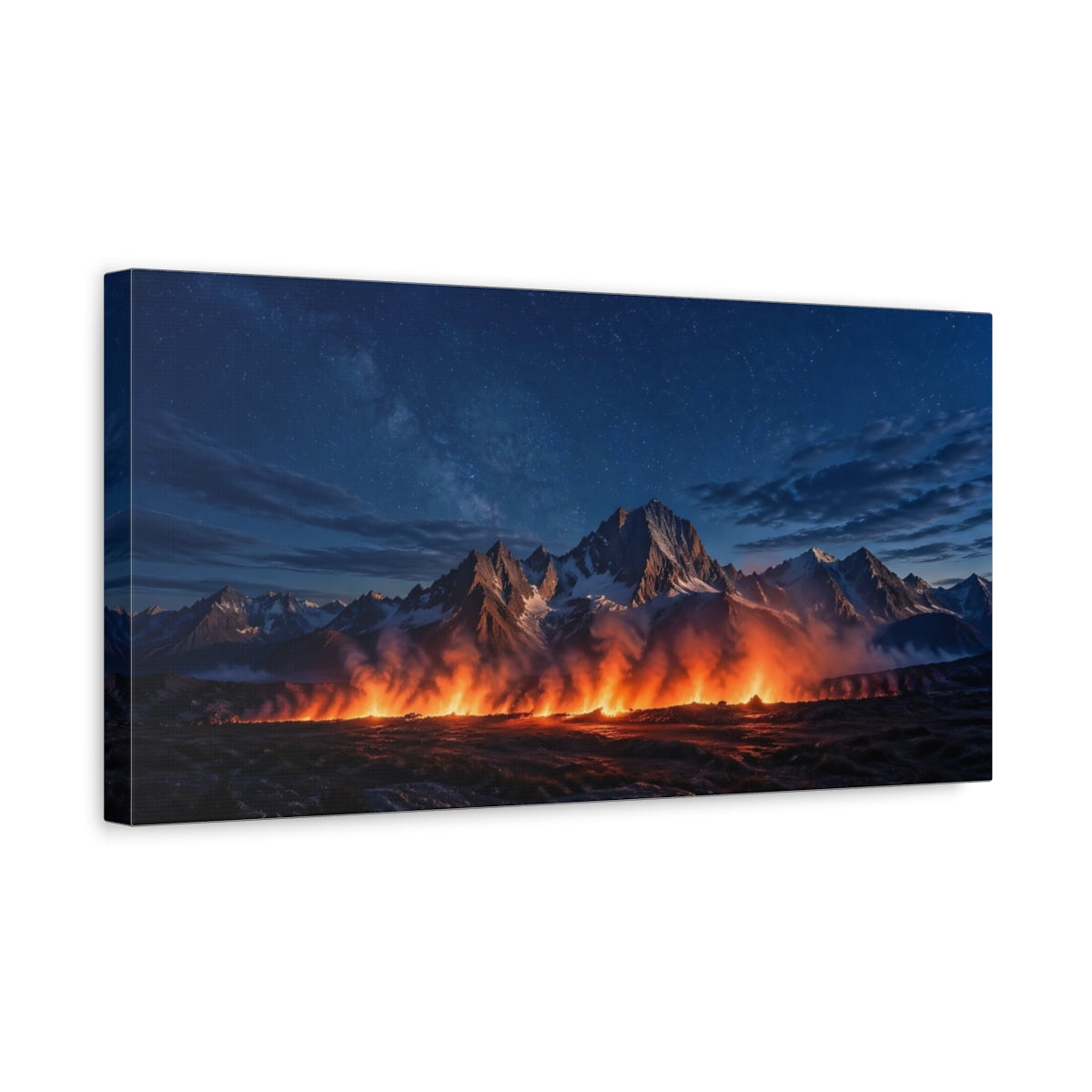 Side Mockup 3. Nature Fiery Mountains Blue And Orange Landscape shown as stretched canvas wall art