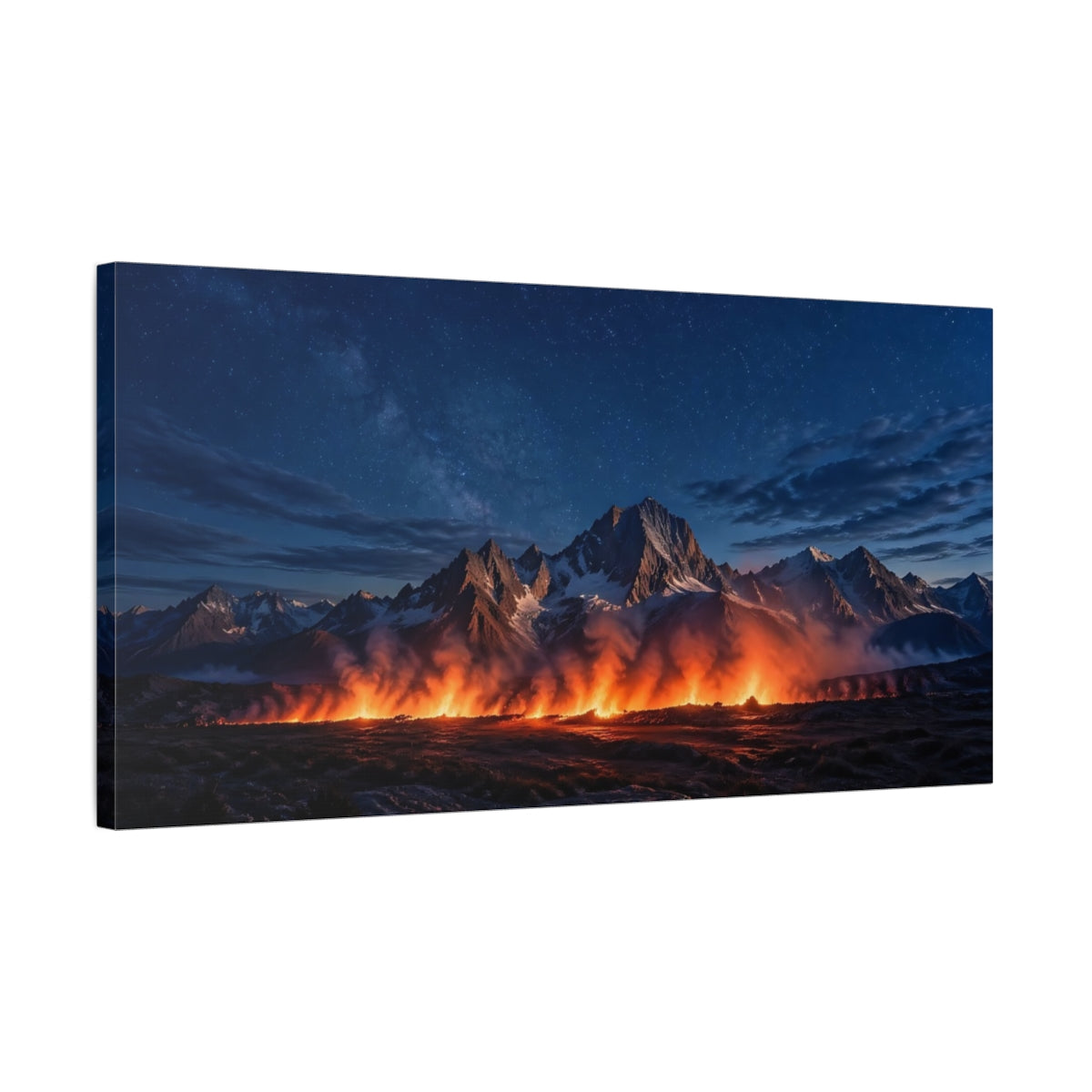 Side Mockup 1. Nature Fiery Mountains Blue And Orange Landscape shown as stretched canvas wall art