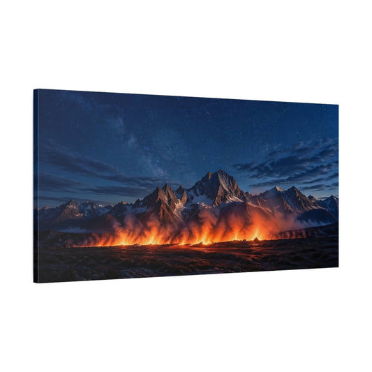 Main Mockup. Nature Fiery Mountains Blue And Orange Landscape shown as stretched canvas wall art