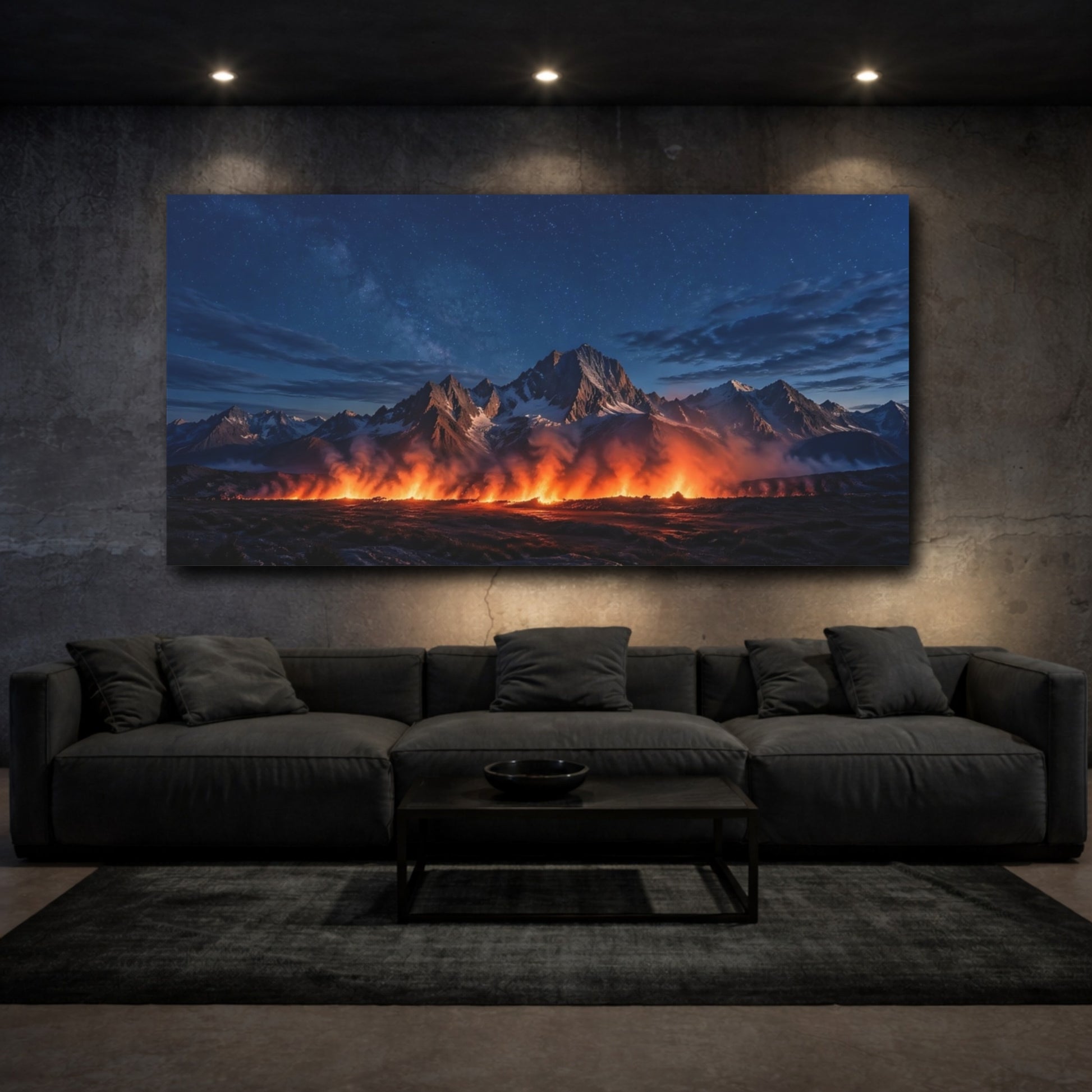 Mockup 2. Nature Fiery Mountains Blue And Orange Landscape shown as stretched canvas wall art