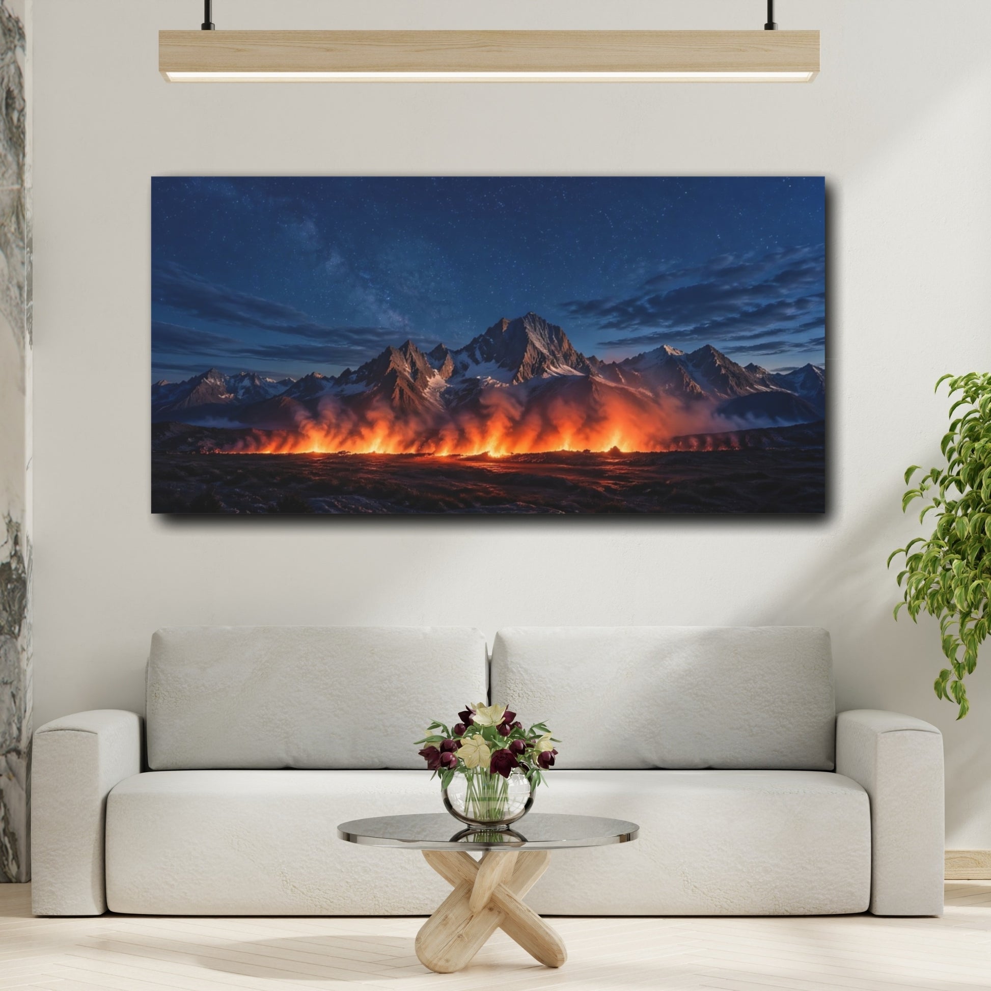 Mockup 3. Nature Fiery Mountains Blue And Orange Landscape shown as stretched canvas wall art