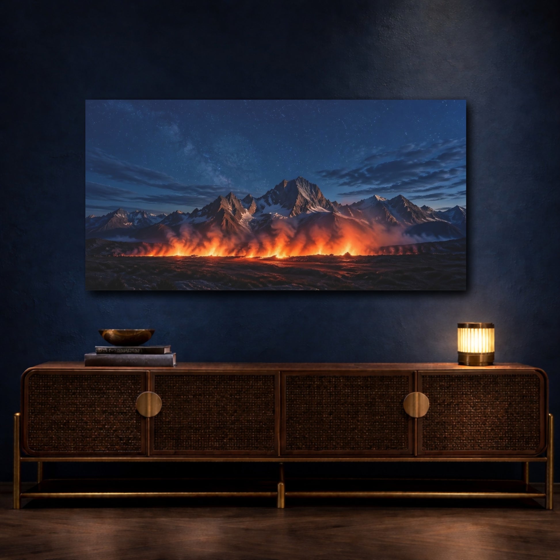 Mockup 4. Nature Fiery Mountains Blue And Orange Landscape shown as stretched canvas wall art