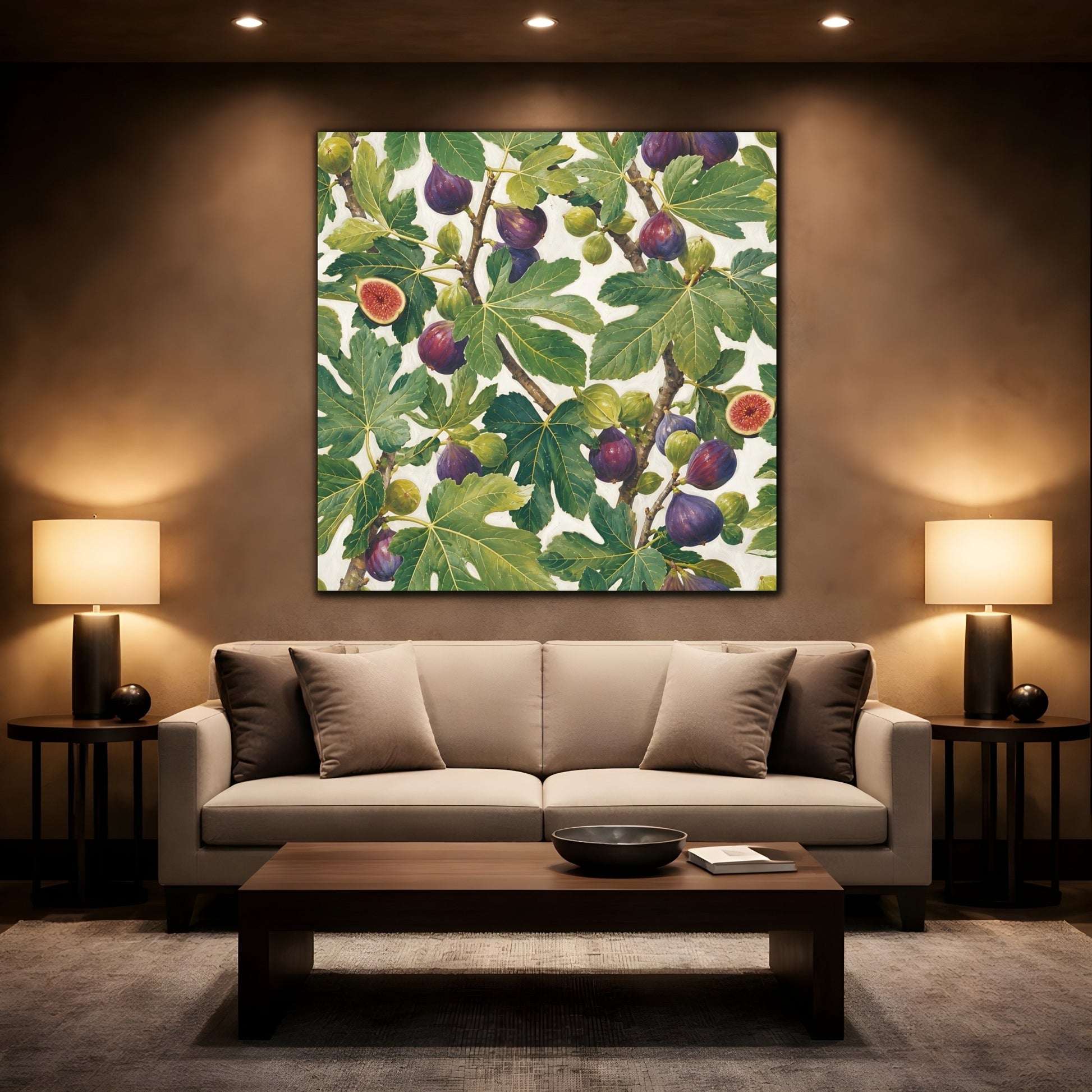 Mockup 2. Nature Figs Green And Purple Figs shown as stretched canvas wall art
