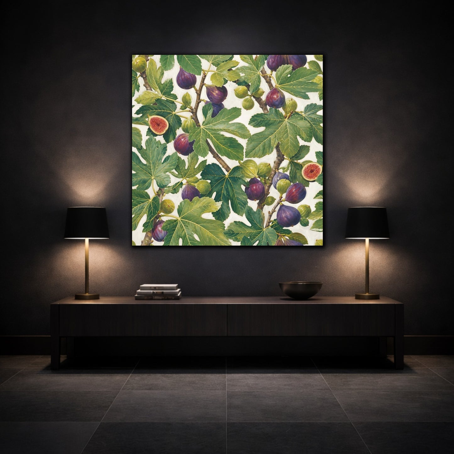 Mockup 3. Nature Figs Green And Purple Figs shown as stretched canvas wall art