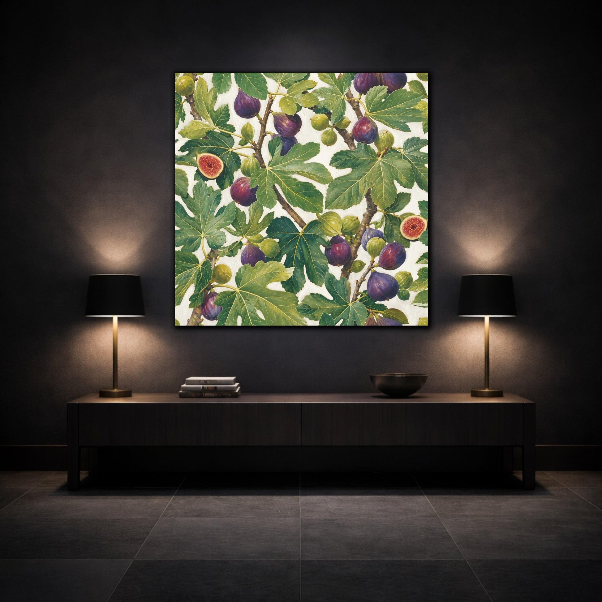 Mockup 3. Nature Figs Green And Purple Figs shown as stretched canvas wall art