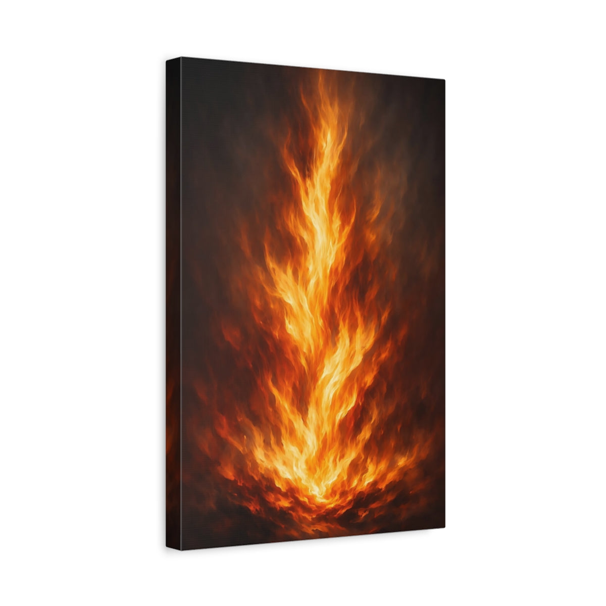 Side Mockup 4. Nature Fire Orange And Black Fire shown as stretched canvas wall art