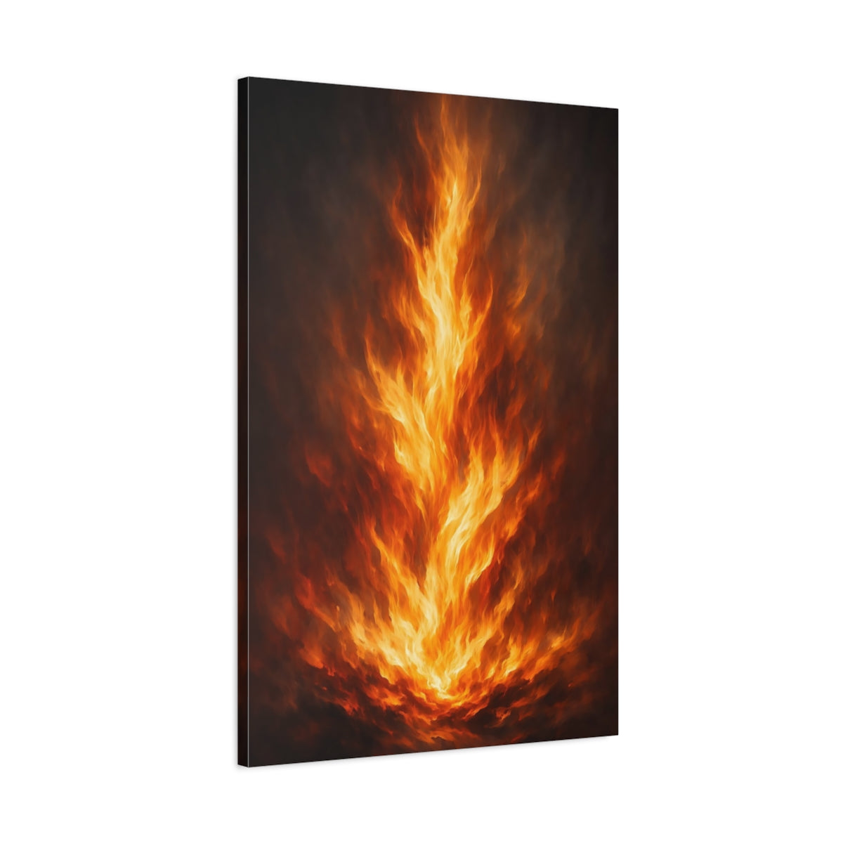 Side Mockup 1. Nature Fire Orange And Black Fire shown as stretched canvas wall art