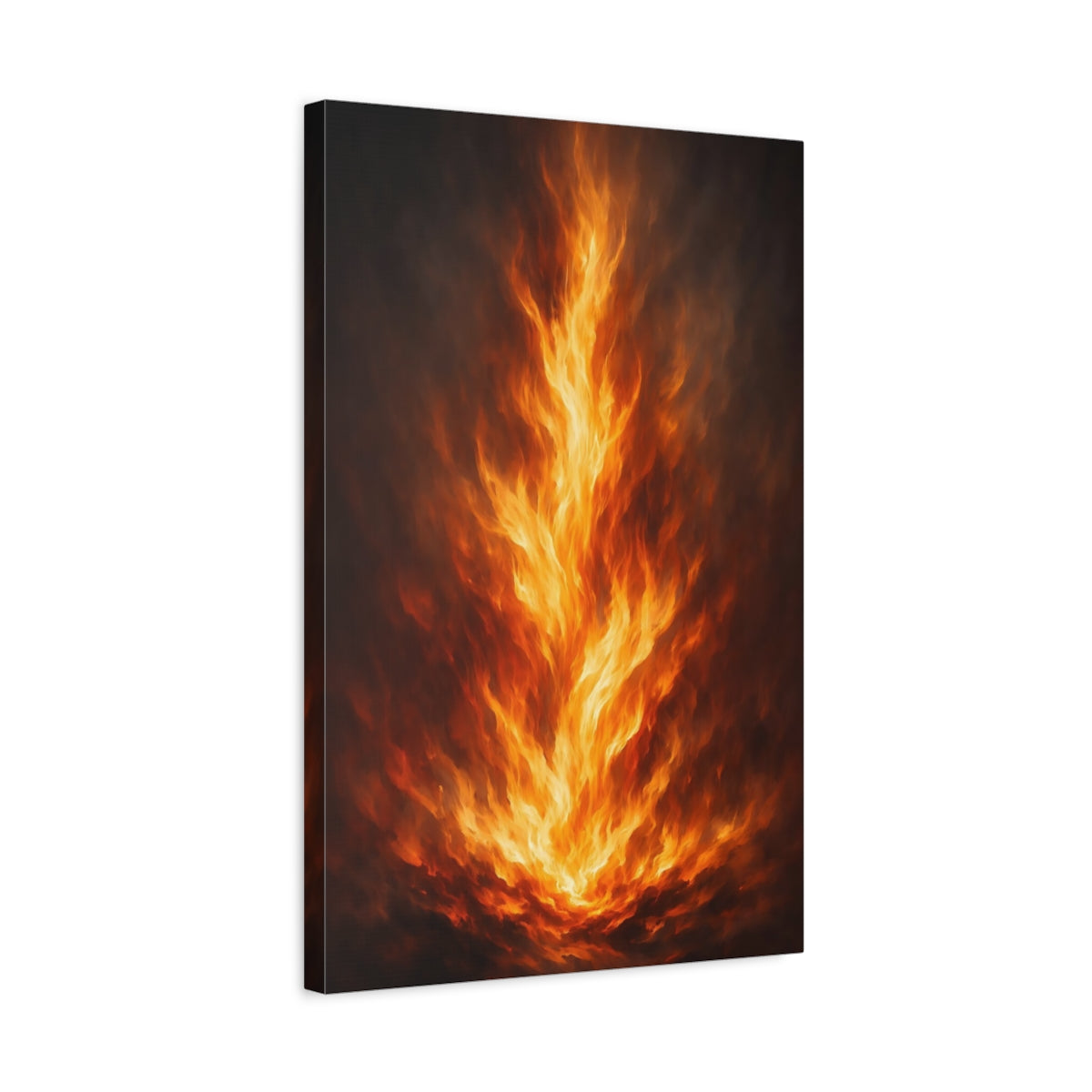 Side Mockup 3. Nature Fire Orange And Black Fire shown as stretched canvas wall art