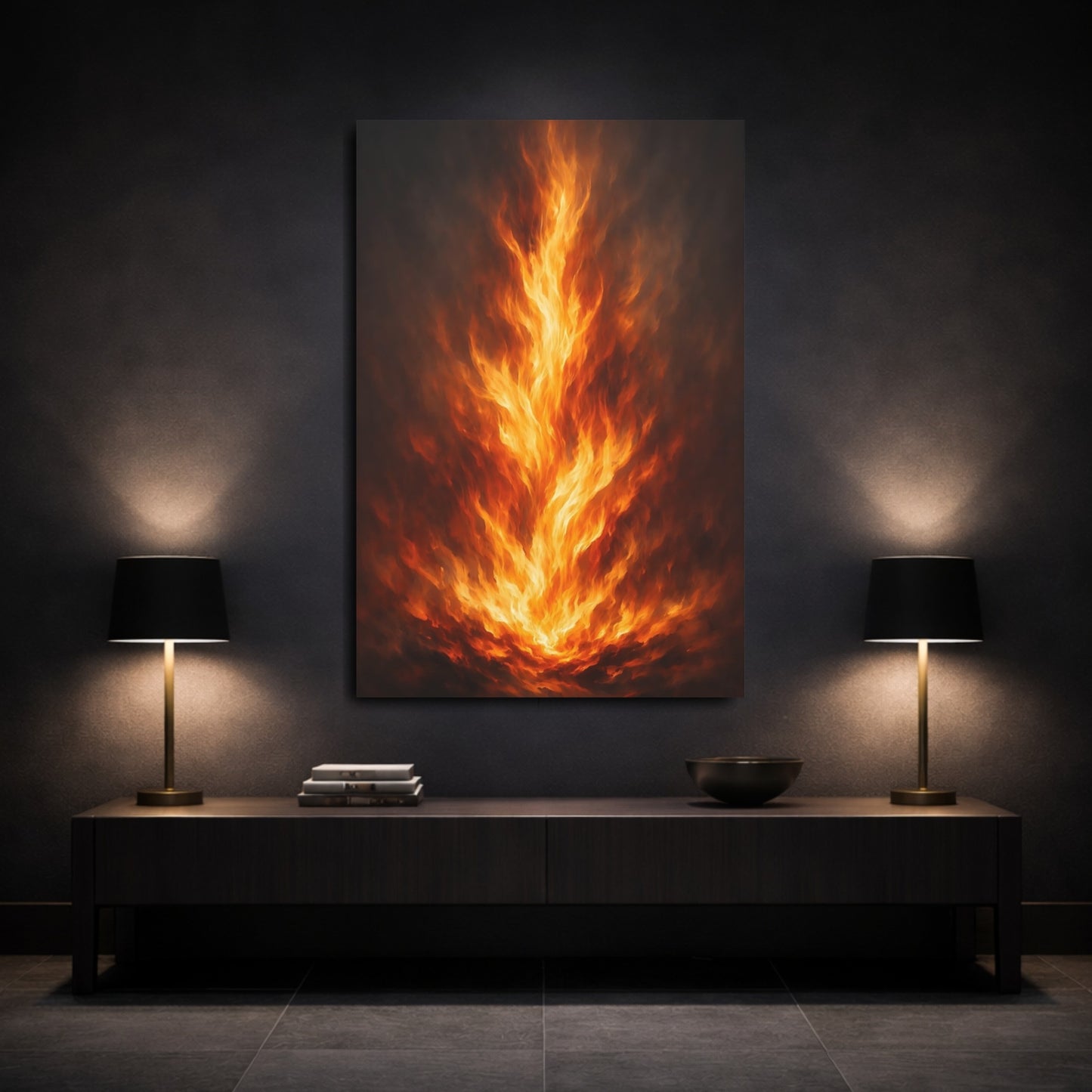 Mockup 2. Nature Fire Orange And Black Fire shown as stretched canvas wall art