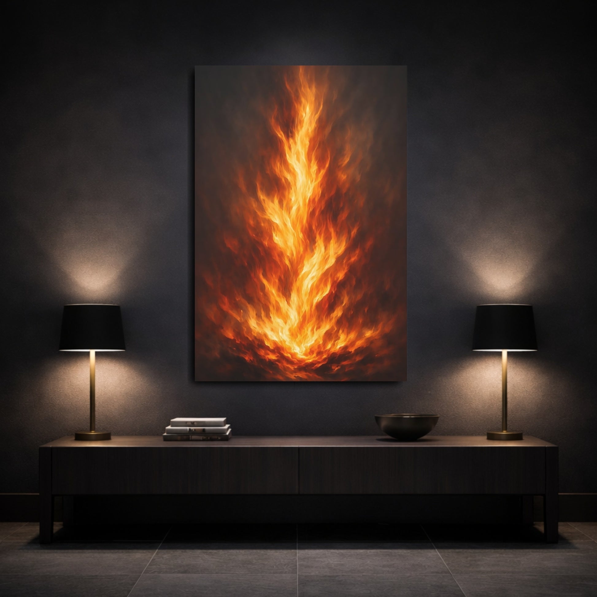 Mockup 2. Nature Fire Orange And Black Fire shown as stretched canvas wall art