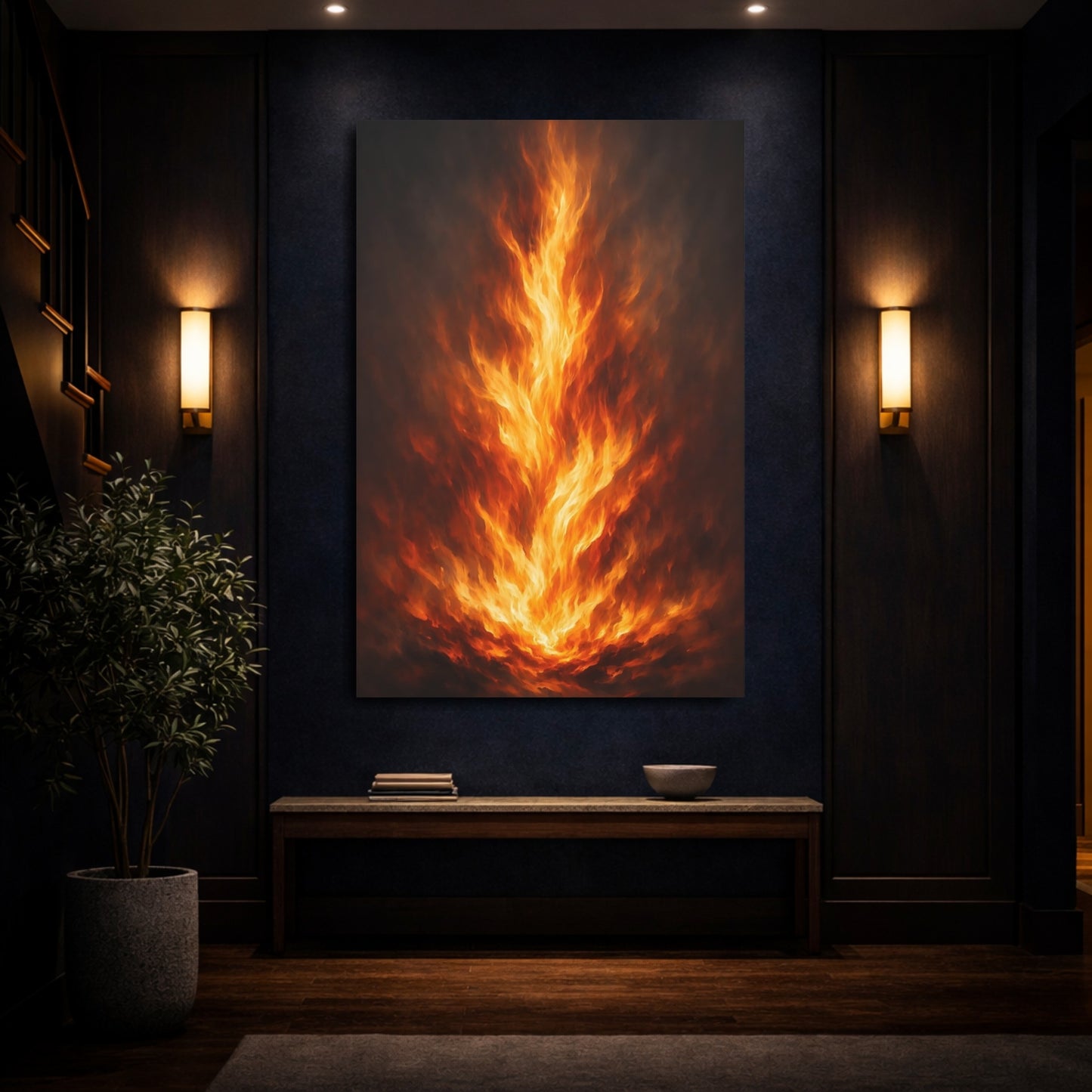 Mockup 3. Nature Fire Orange And Black Fire shown as stretched canvas wall art