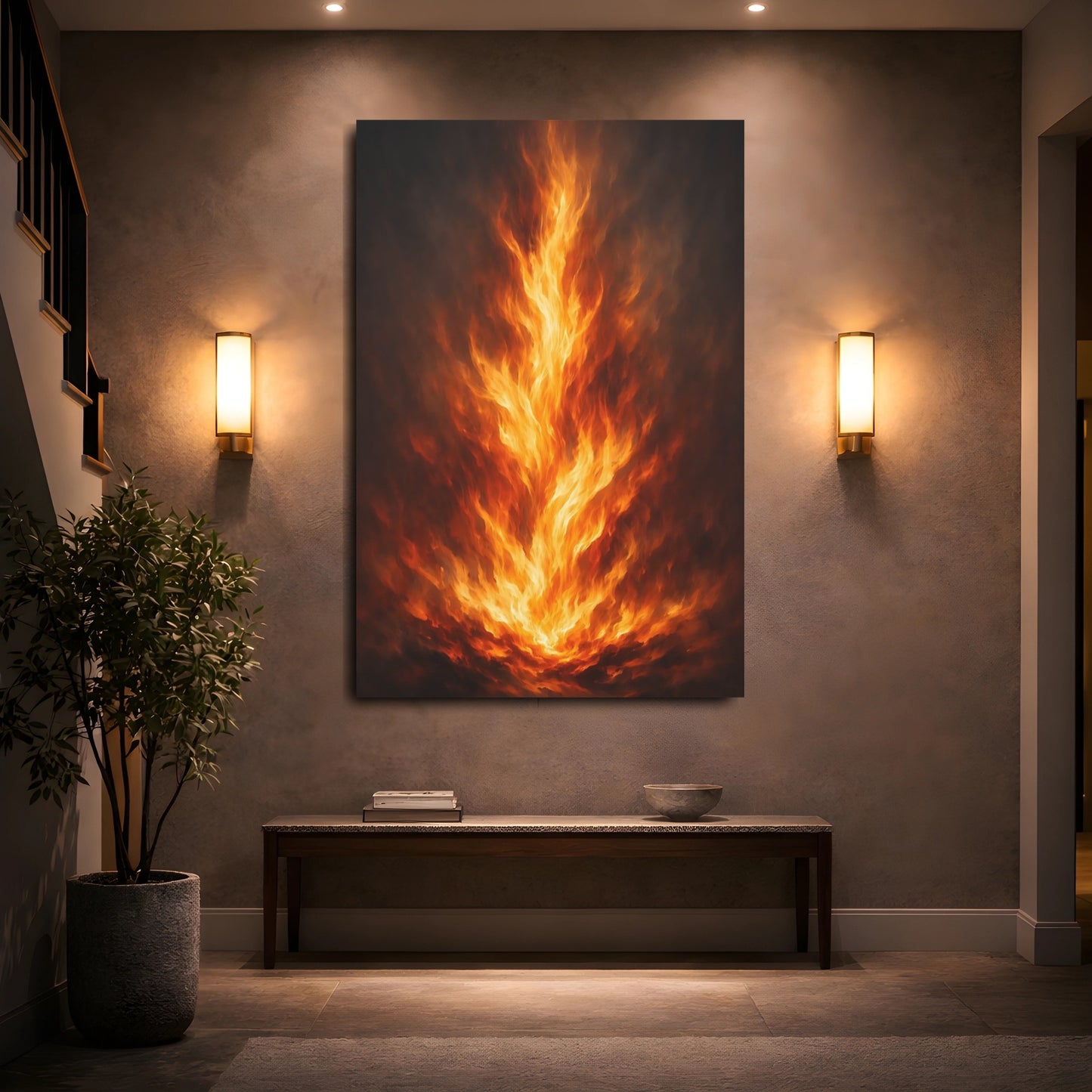 Mockup 4. Nature Fire Orange And Black Fire shown as stretched canvas wall art