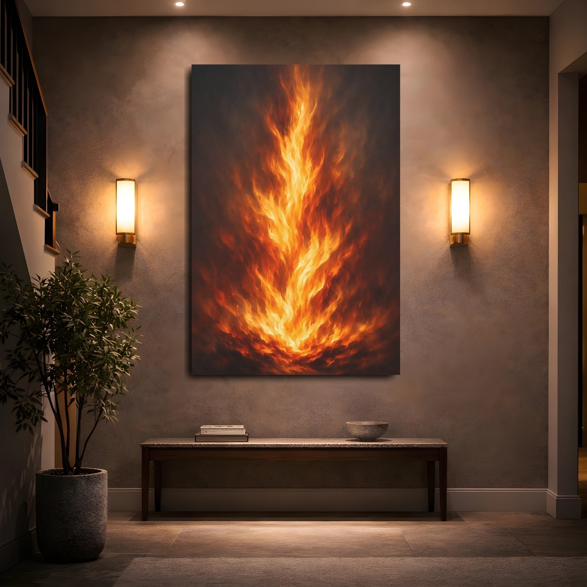 Mockup 4. Nature Fire Orange And Black Fire shown as stretched canvas wall art