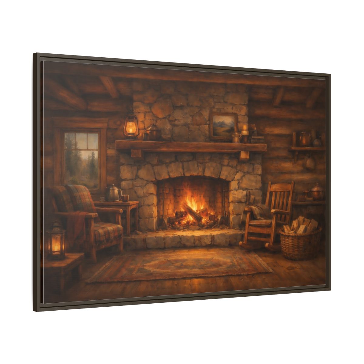 Main Mockup. Nature Fireplace Cozy Cabin Fireplace shown as stretched canvas wall art